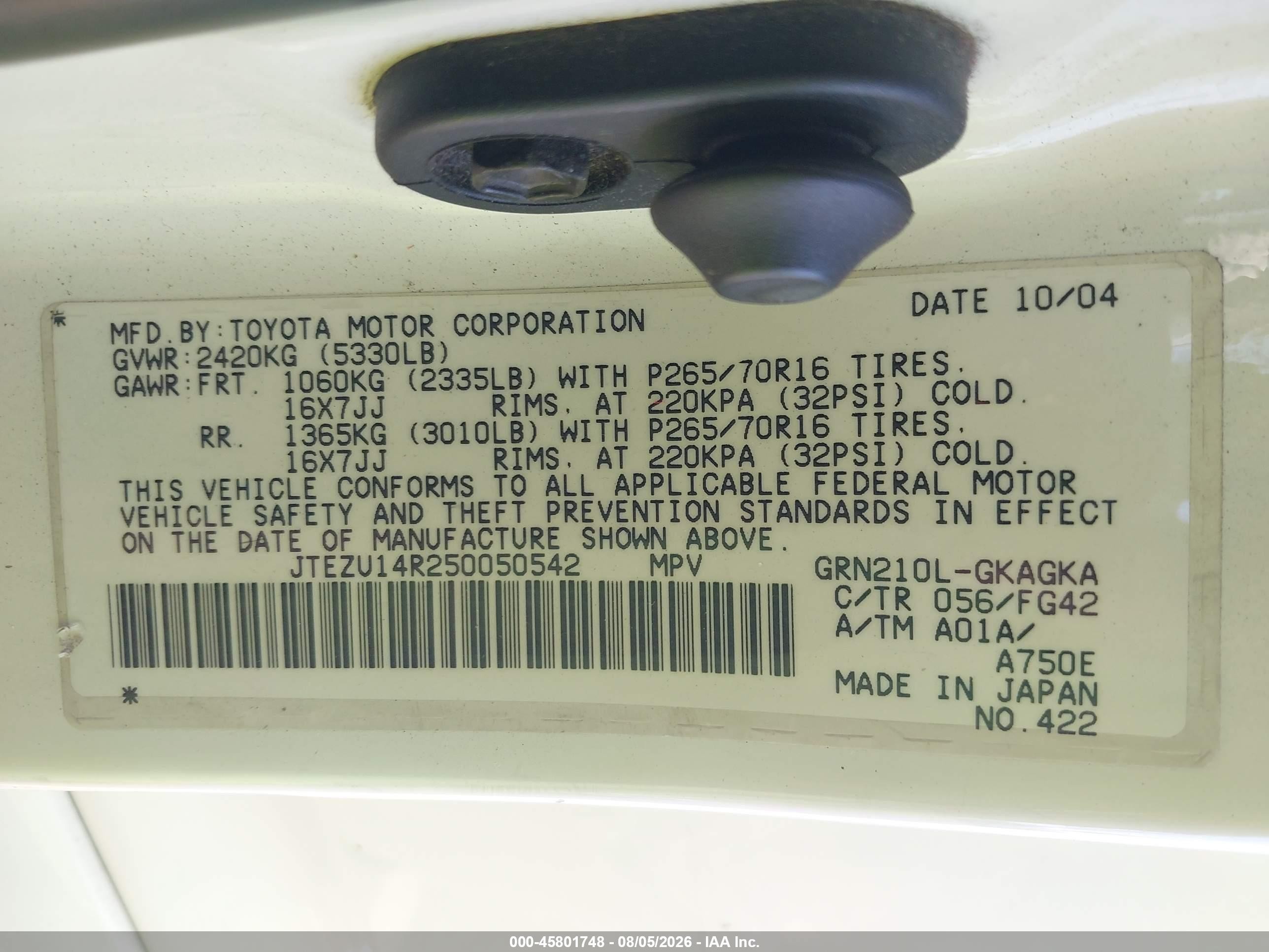 2005 Toyota 4runner Sr5 V6 White vin: JTEZU14R250050542