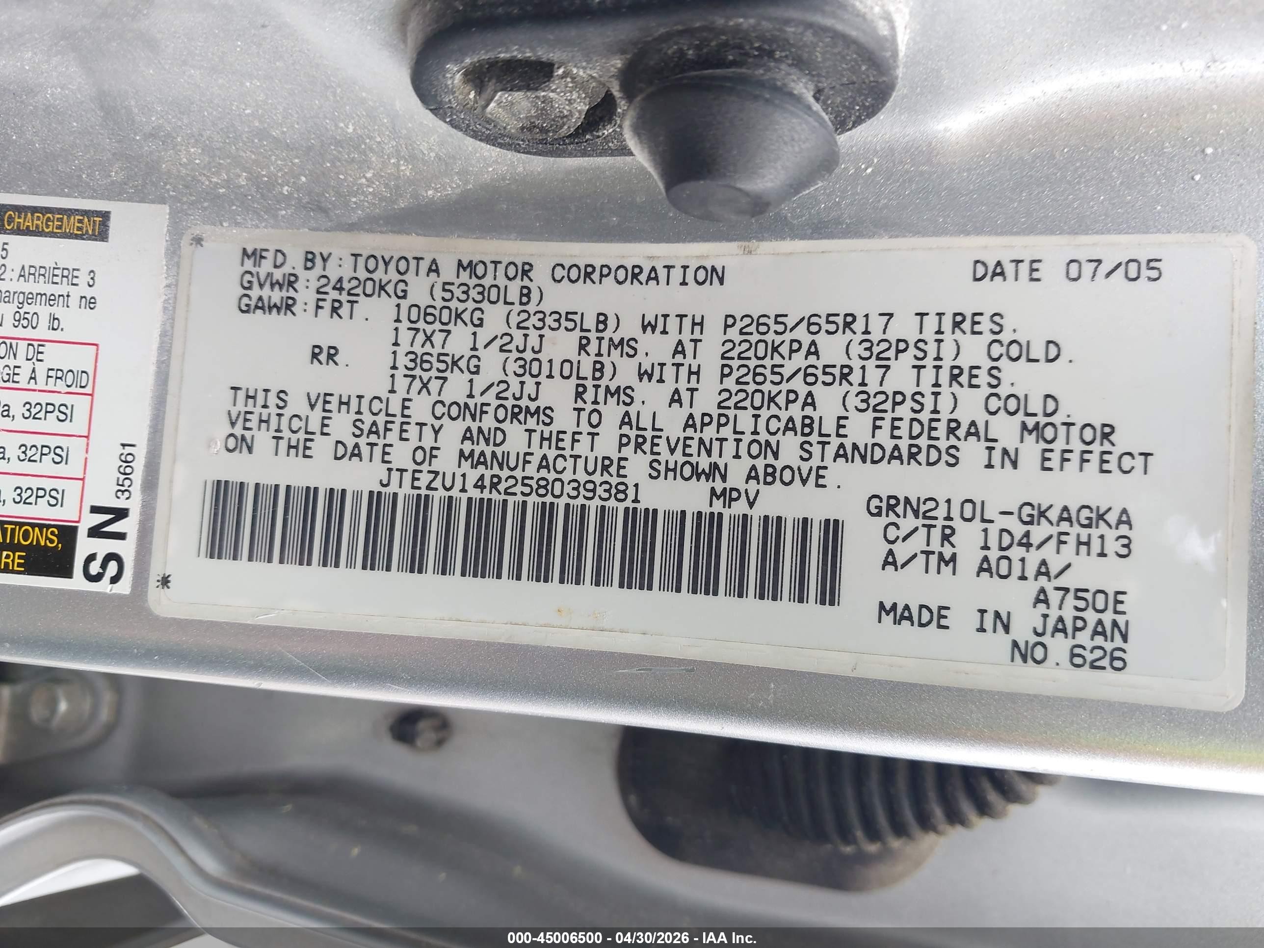2005 Toyota 4runner Sr5 Sport V6/sr5 V6 Silver vin: JTEZU14R258039381