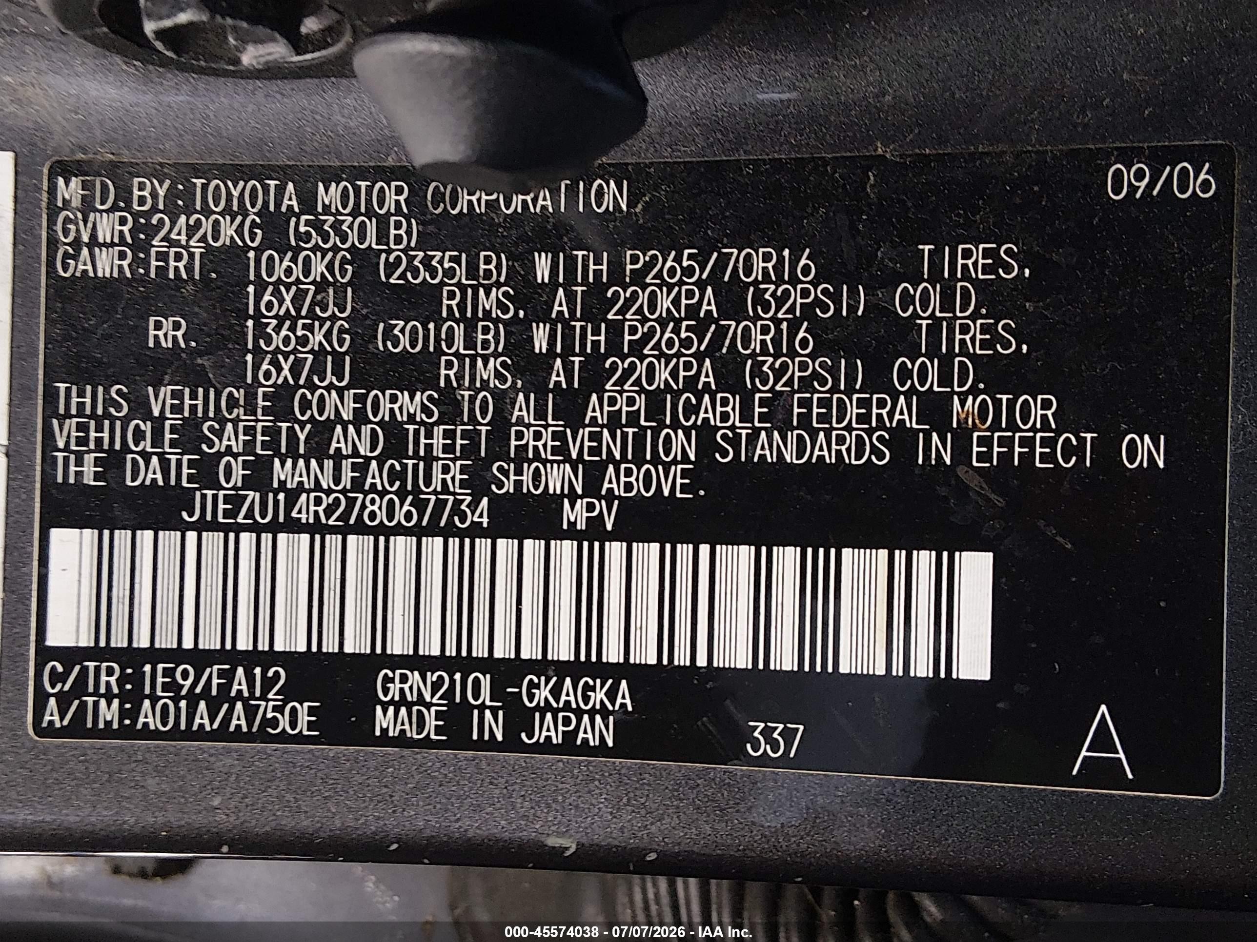 2007 Toyota 4runner Sr5 Gray vin: JTEZU14R278067734