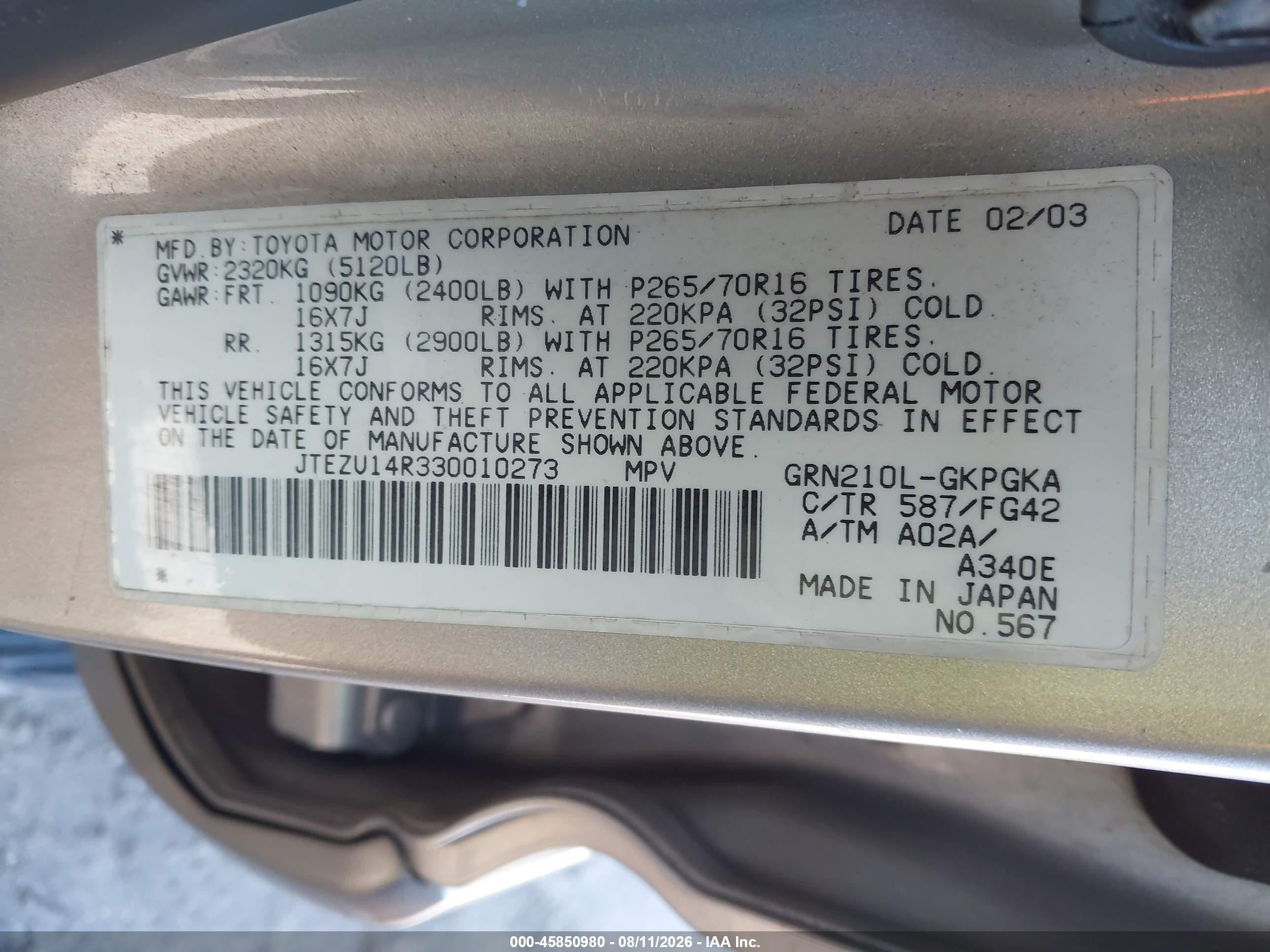 2003 Toyota 4runner Sr5 V6 Beige vin: JTEZU14R330010273