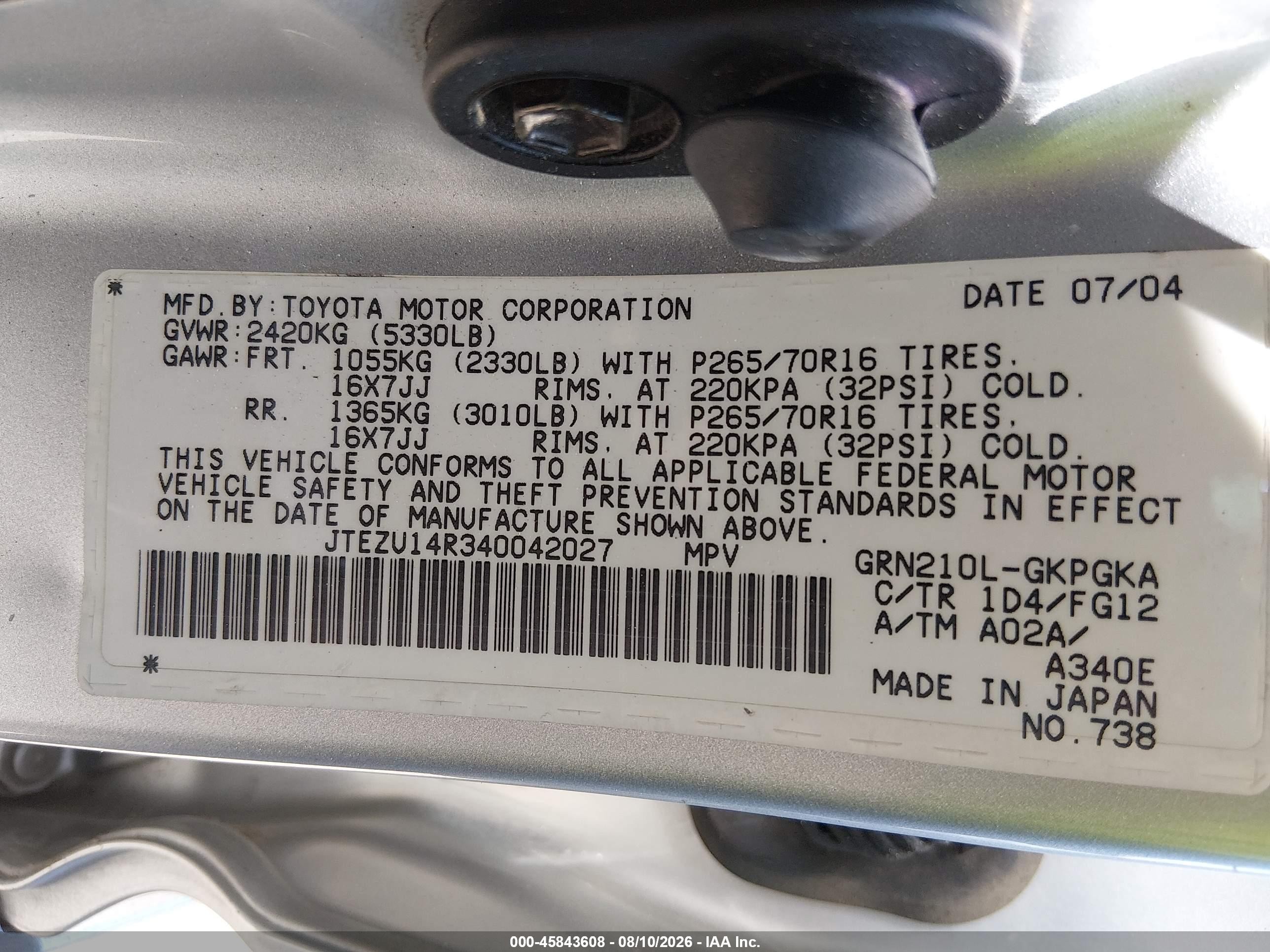 2004 Toyota 4runner Sr5 V6 Silver vin: JTEZU14R340042027