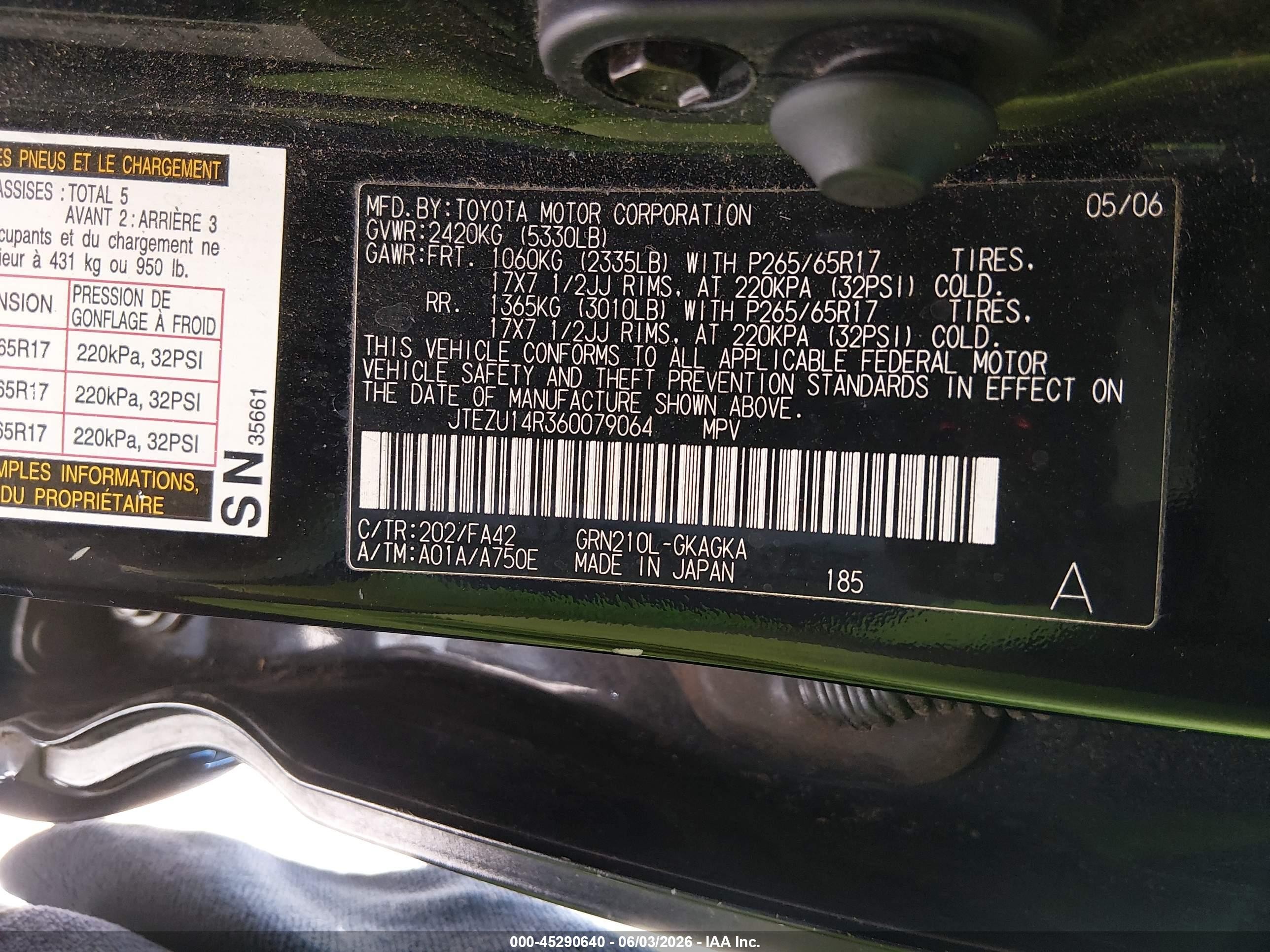 2006 Toyota 4runner Sr5 V6 Black vin: JTEZU14R360079064