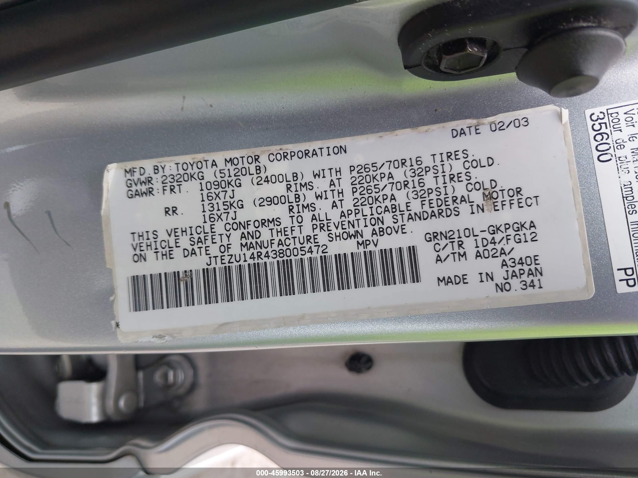2003 Toyota 4runner Sr5 V6 Silver vin: JTEZU14R438005472