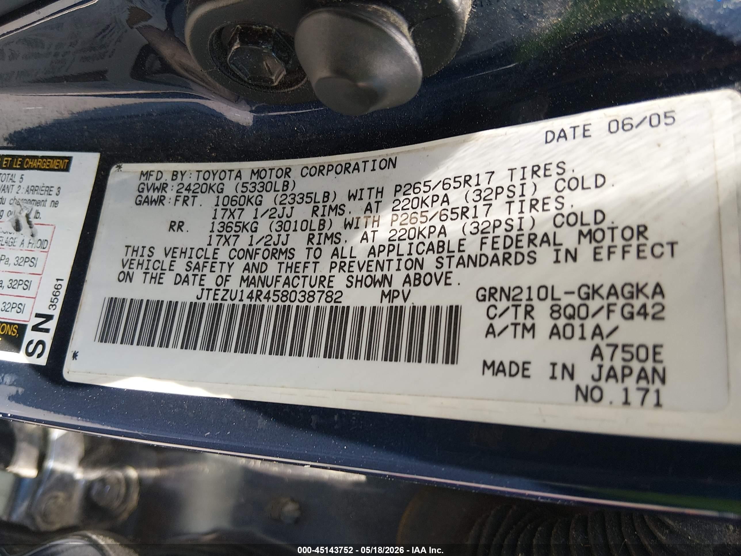 2005 Toyota 4runner Sr5 V6 Blue vin: JTEZU14R458038782