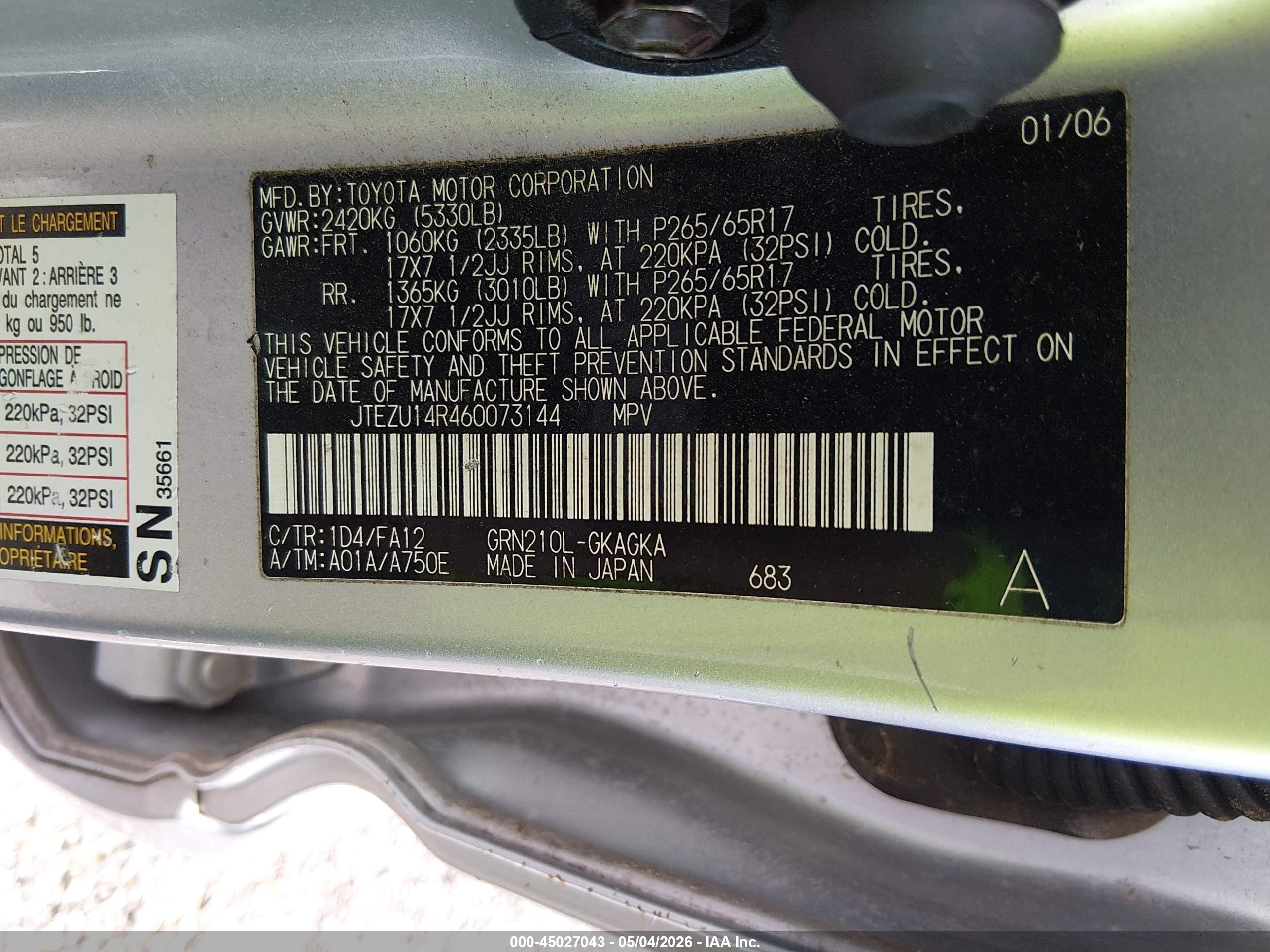 2006 Toyota 4runner Sr5 V6 Silver vin: JTEZU14R460073144