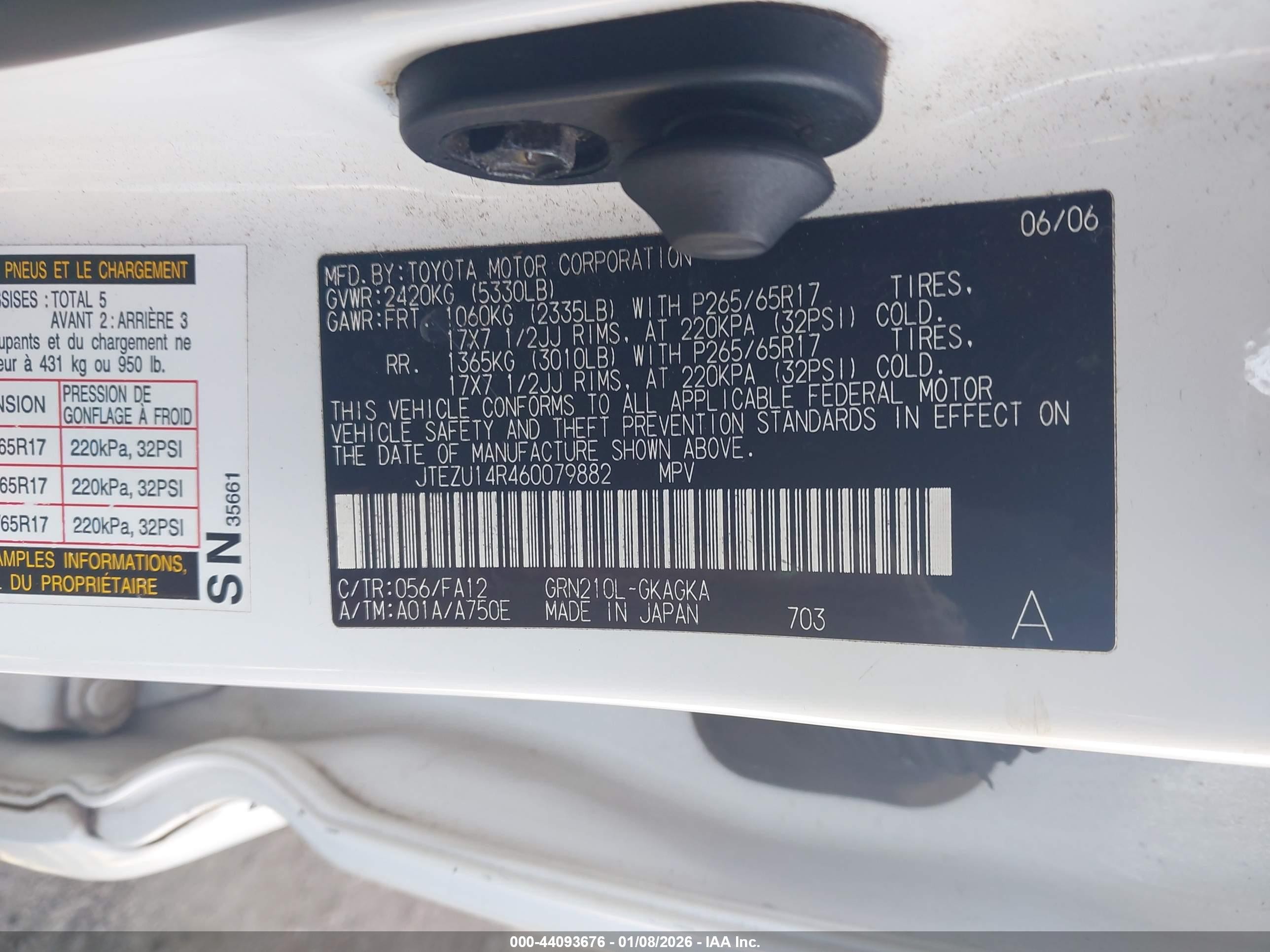2006 Toyota 4runner Sr5 Sport V6/sr5 V6 White vin: JTEZU14R460079882