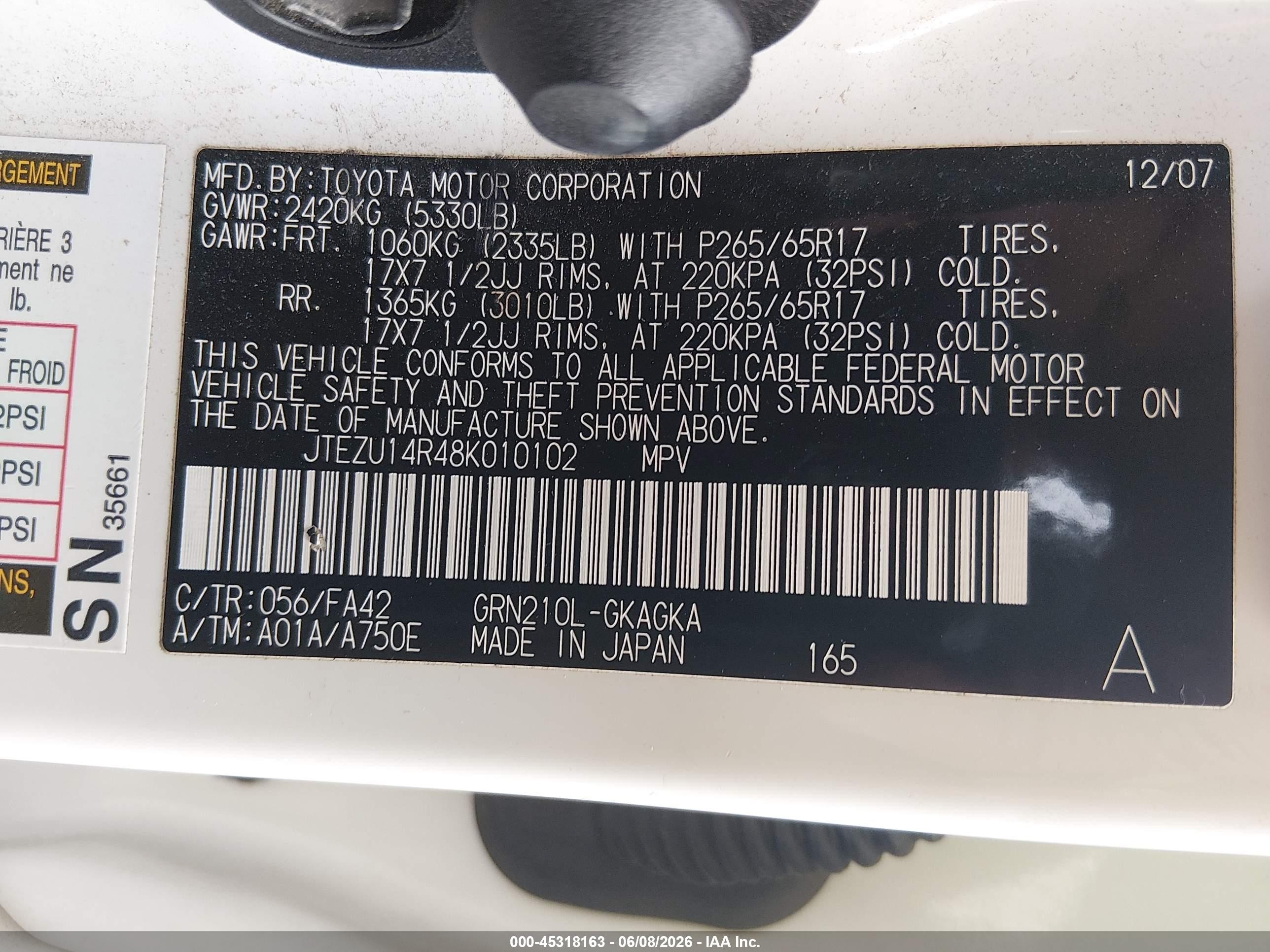 2008 Toyota 4runner Sr5 V6 White vin: JTEZU14R48K010102