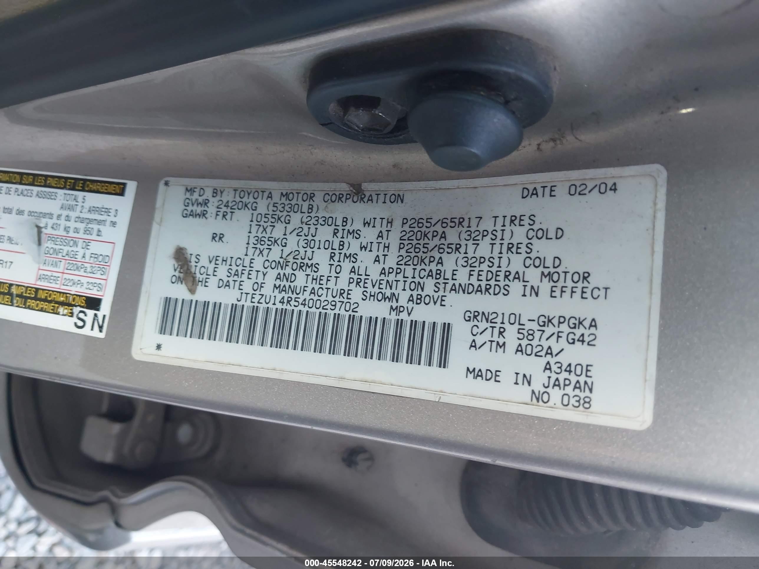 2004 Toyota 4runner Sr5 V6 Gold vin: JTEZU14R540029702