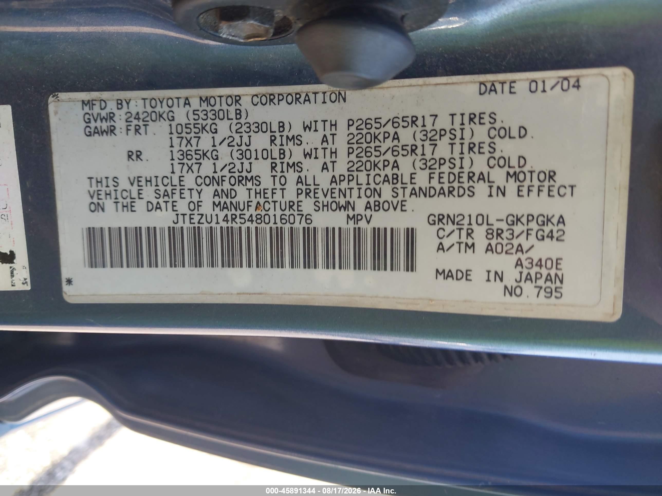 2004 Toyota 4runner Sr5 V6 Blue vin: JTEZU14R548016076