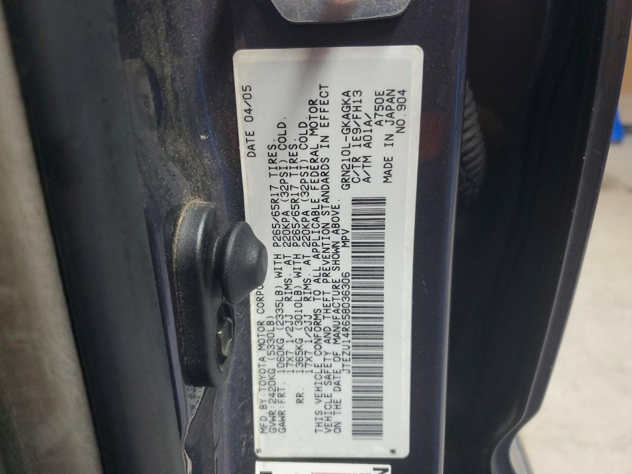 2005 Toyota 4runner Sport Edition Gray vin: JTEZU14R658036306