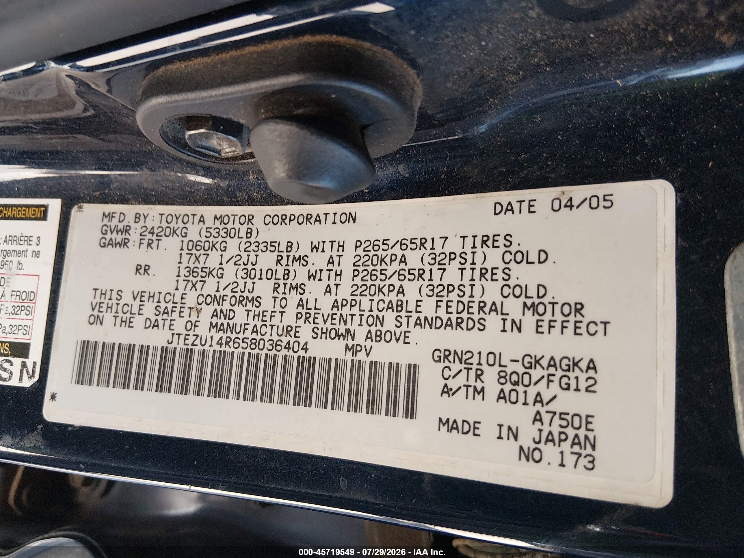 2005 Toyota 4runner Sr5 V6 Blue vin: JTEZU14R658036404