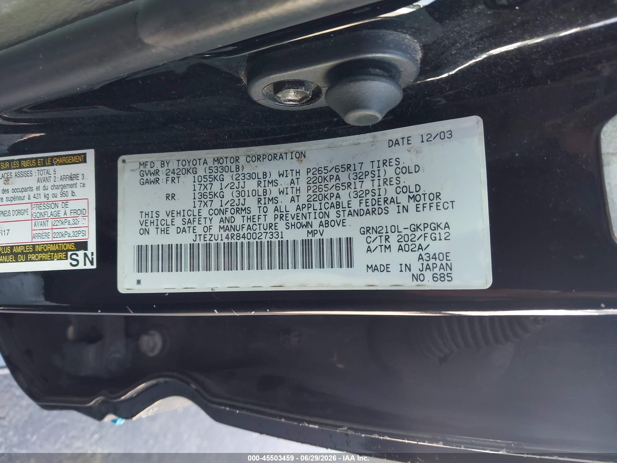 2004 Toyota 4runner Sr5 V6 Black vin: JTEZU14R840027331