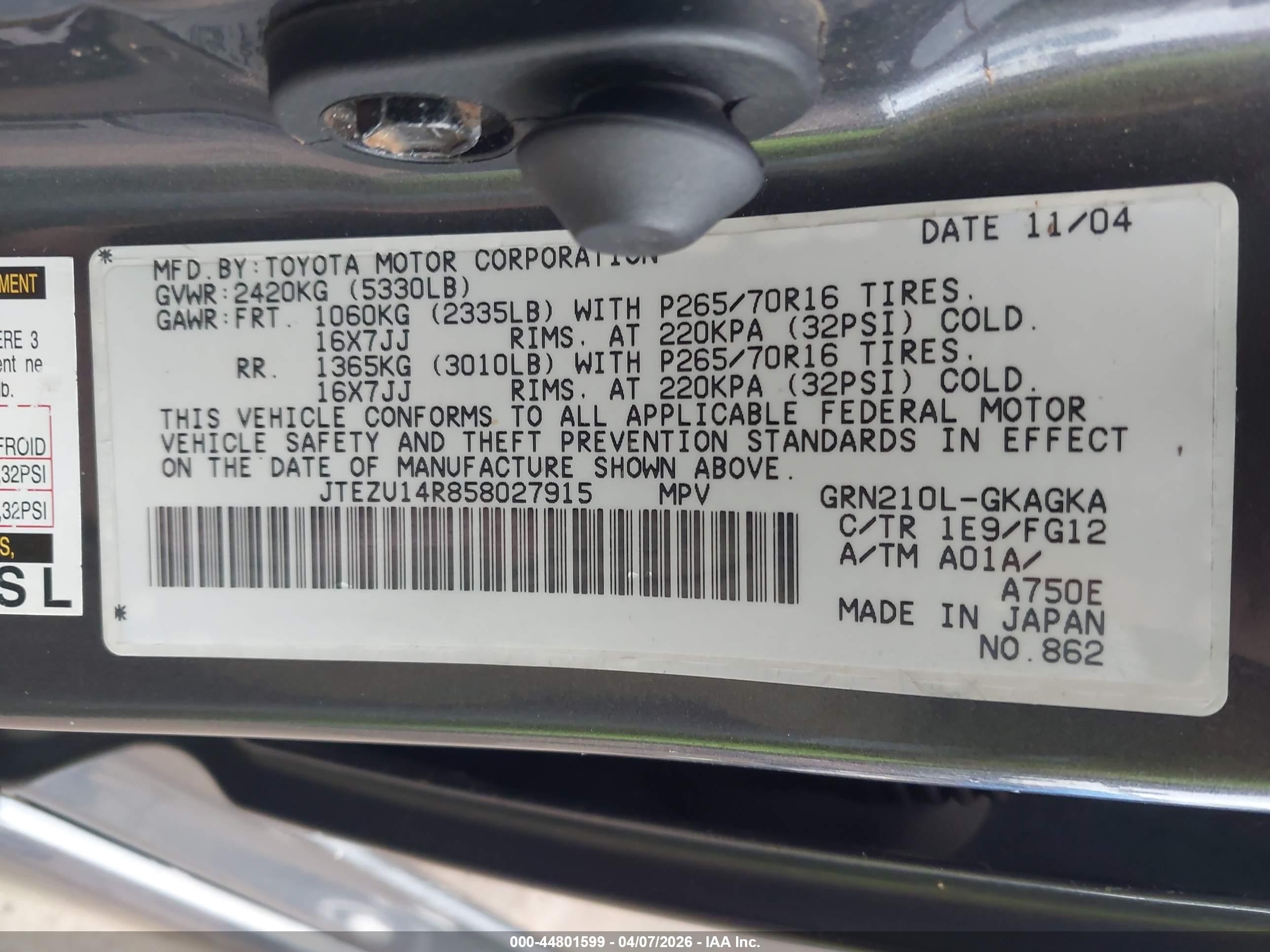 2005 Toyota 4runner   Gray vin: JTEZU14R858027915