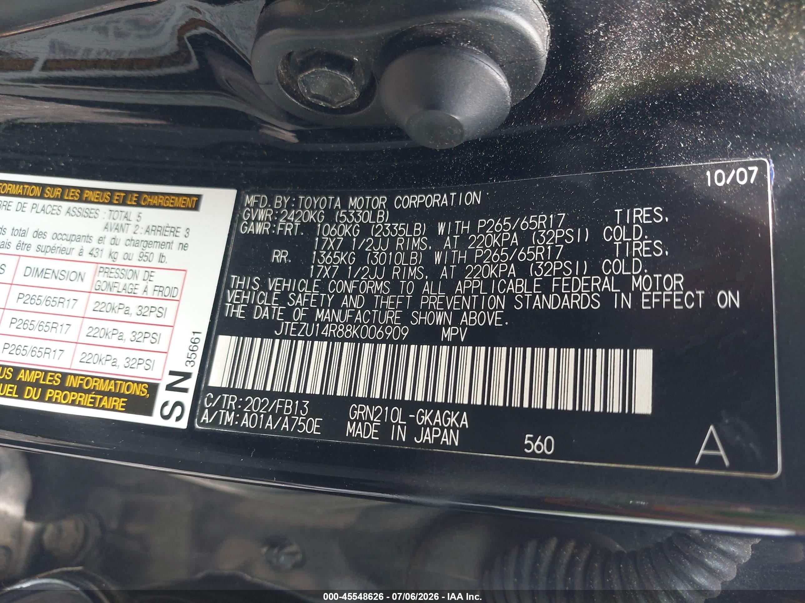 2008 Toyota 4runner Sport V6 Black vin: JTEZU14R88K006909