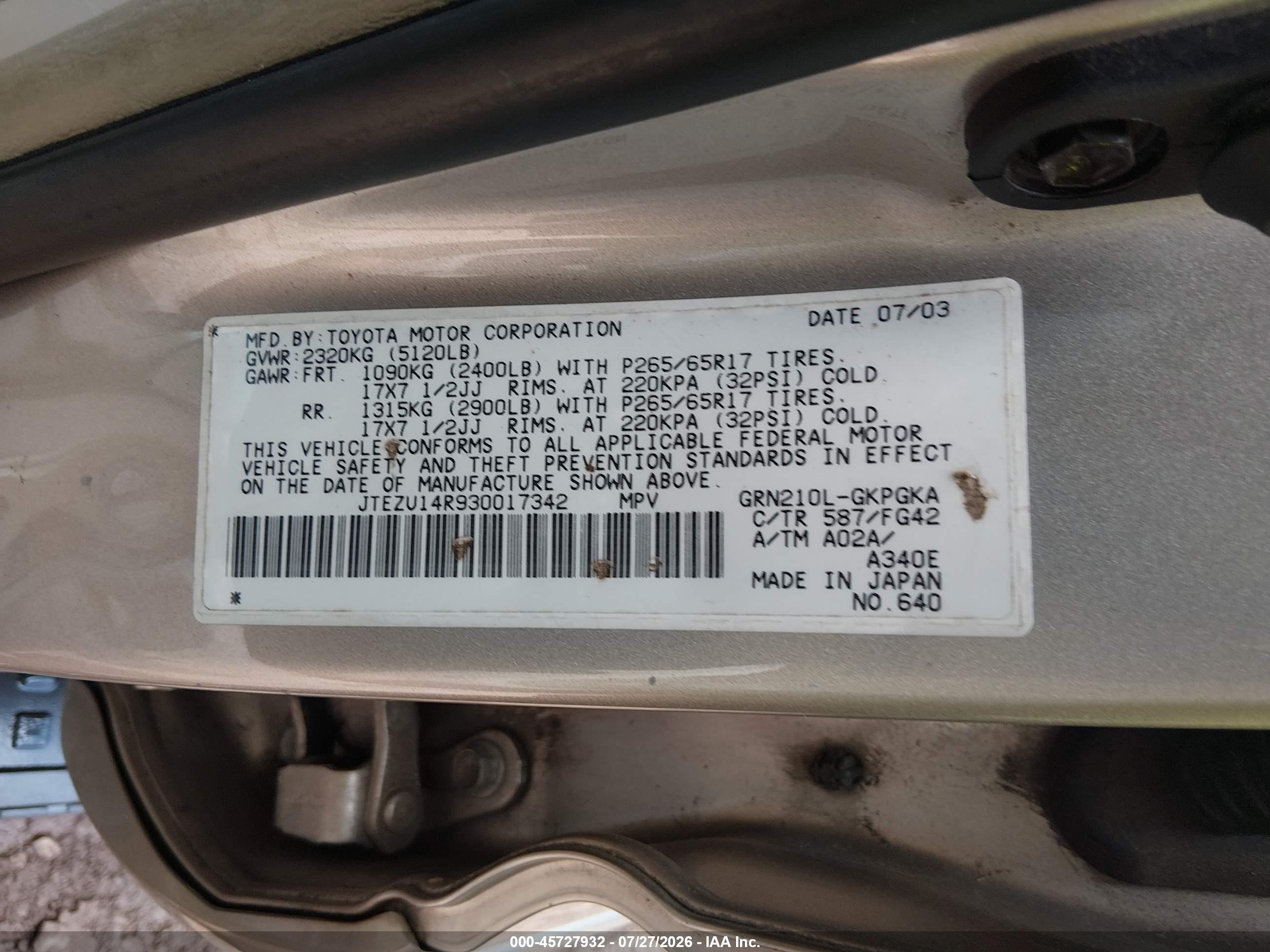 2003 Toyota 4runner Sr5 V6 Gold vin: JTEZU14R930017342