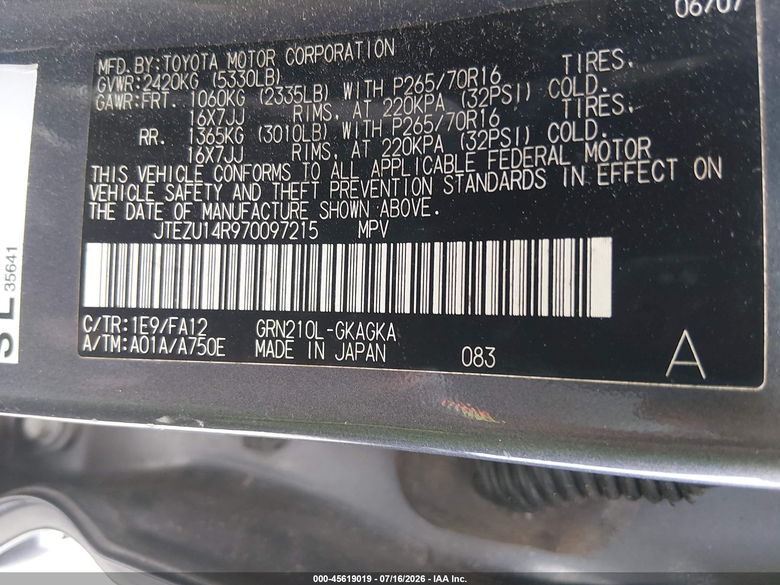 2007 Toyota 4runner Sr5 Черный vin: JTEZU14R970097215