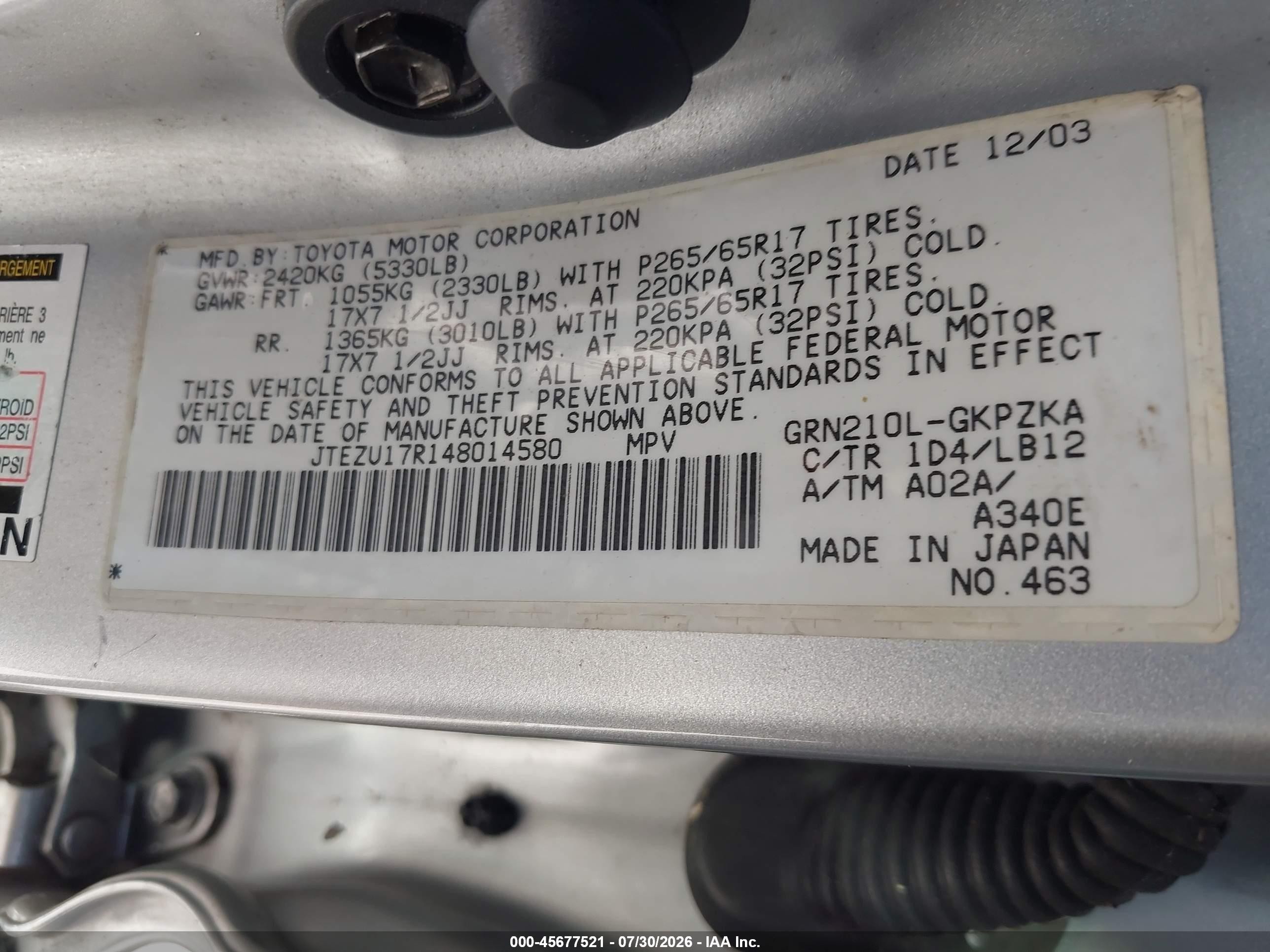 2004 Toyota 4runner Limited V6 Серебряный vin: JTEZU17R148014580