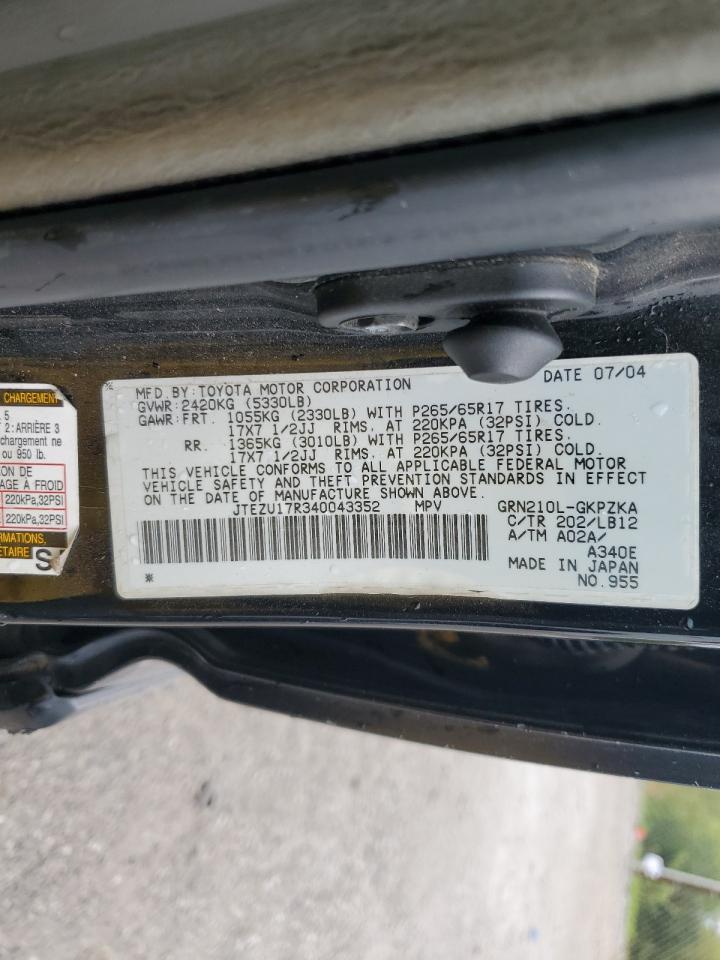 2004 Toyota 4runner Limited Black vin: JTEZU17R340043352