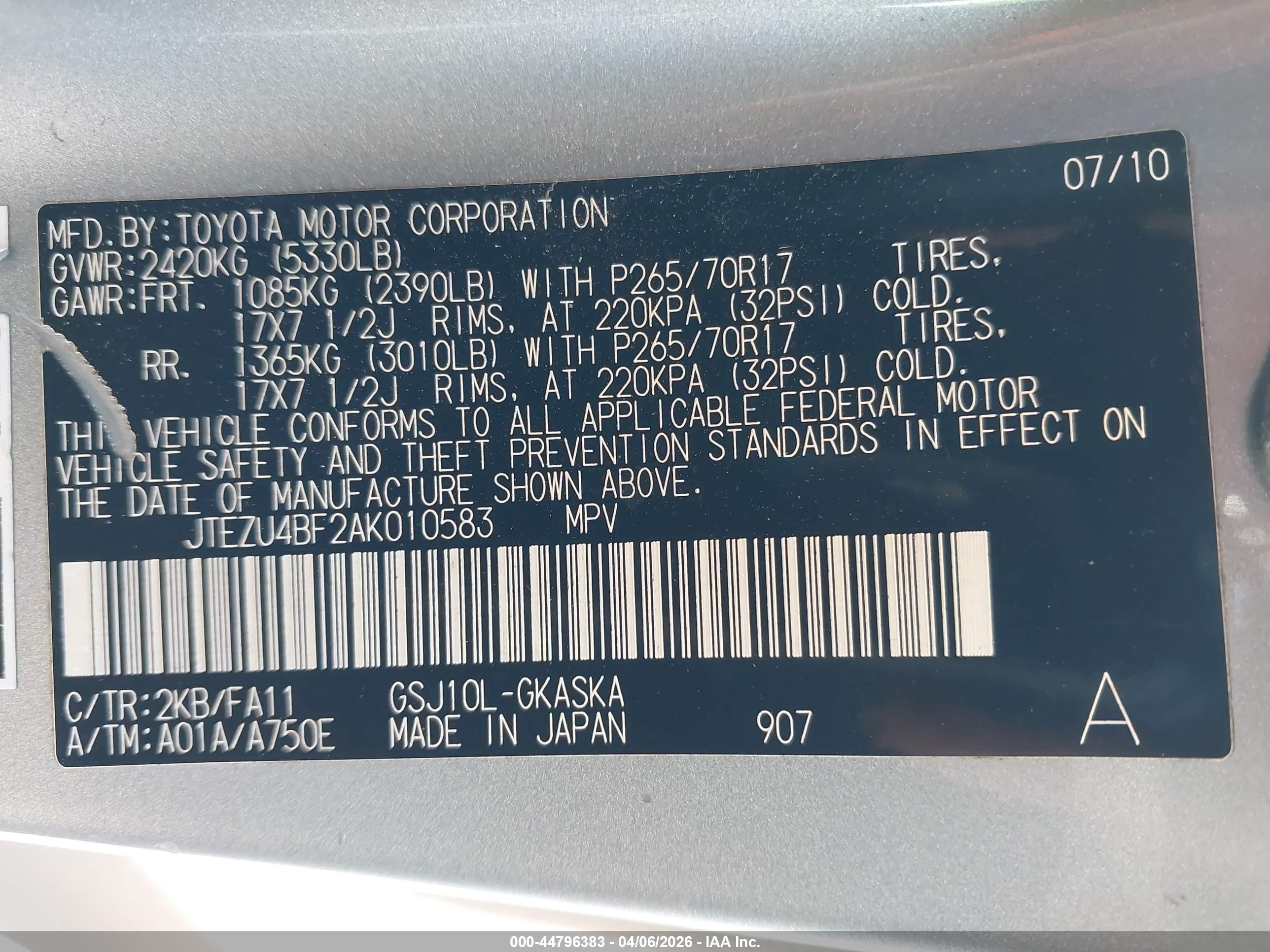 2010 Toyota Fj Cruiser   Gray vin: JTEZU4BF2AK010583
