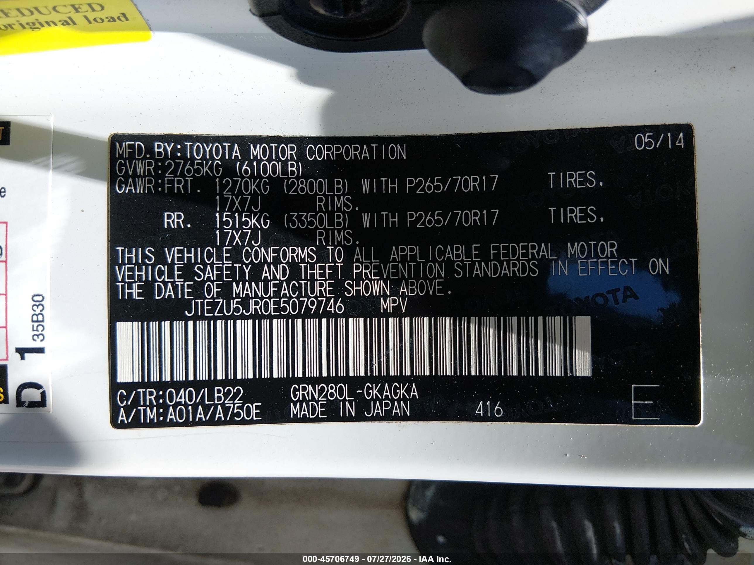 2014 Toyota 4runner Sr5 Premium White vin: JTEZU5JR0E5079746