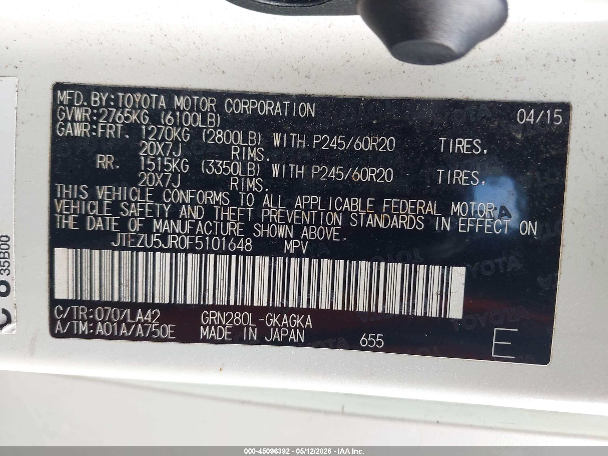 2015 Toyota 4runner Limited White vin: JTEZU5JR0F5101648