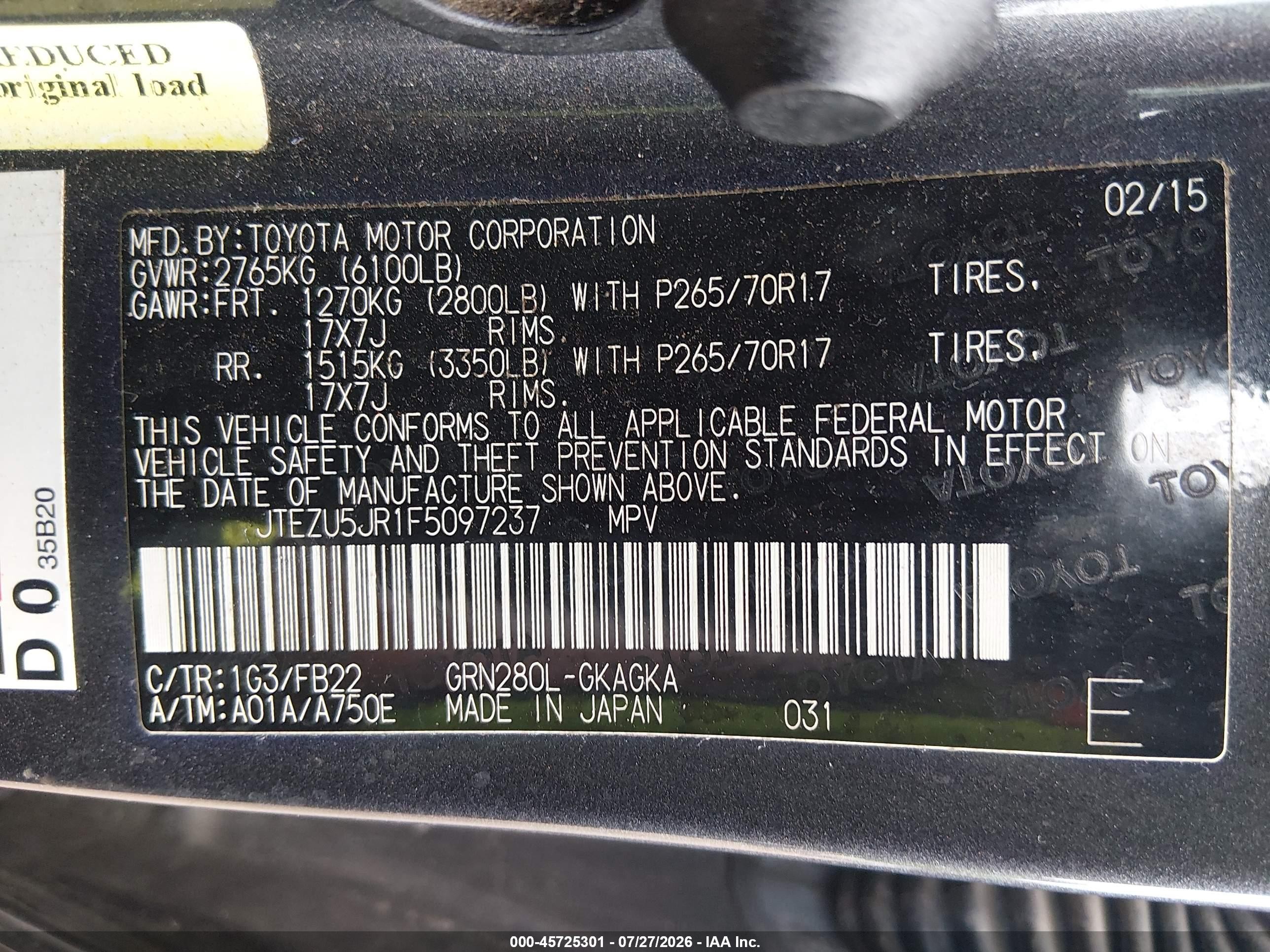 2015 Toyota 4runner Sr5 Gray vin: JTEZU5JR1F5097237