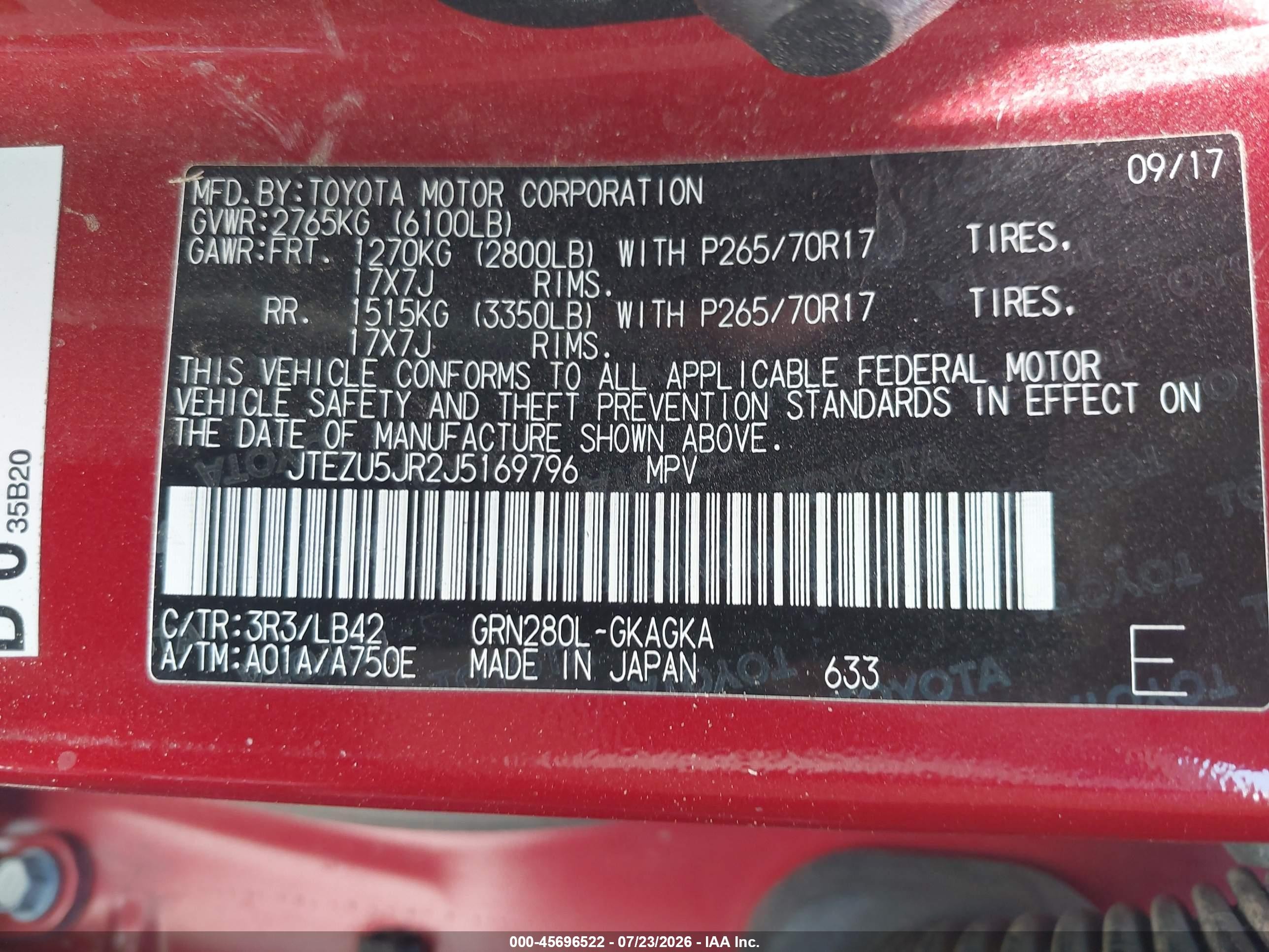 2018 Toyota 4runner Sr5 Premium Red vin: JTEZU5JR2J5169796