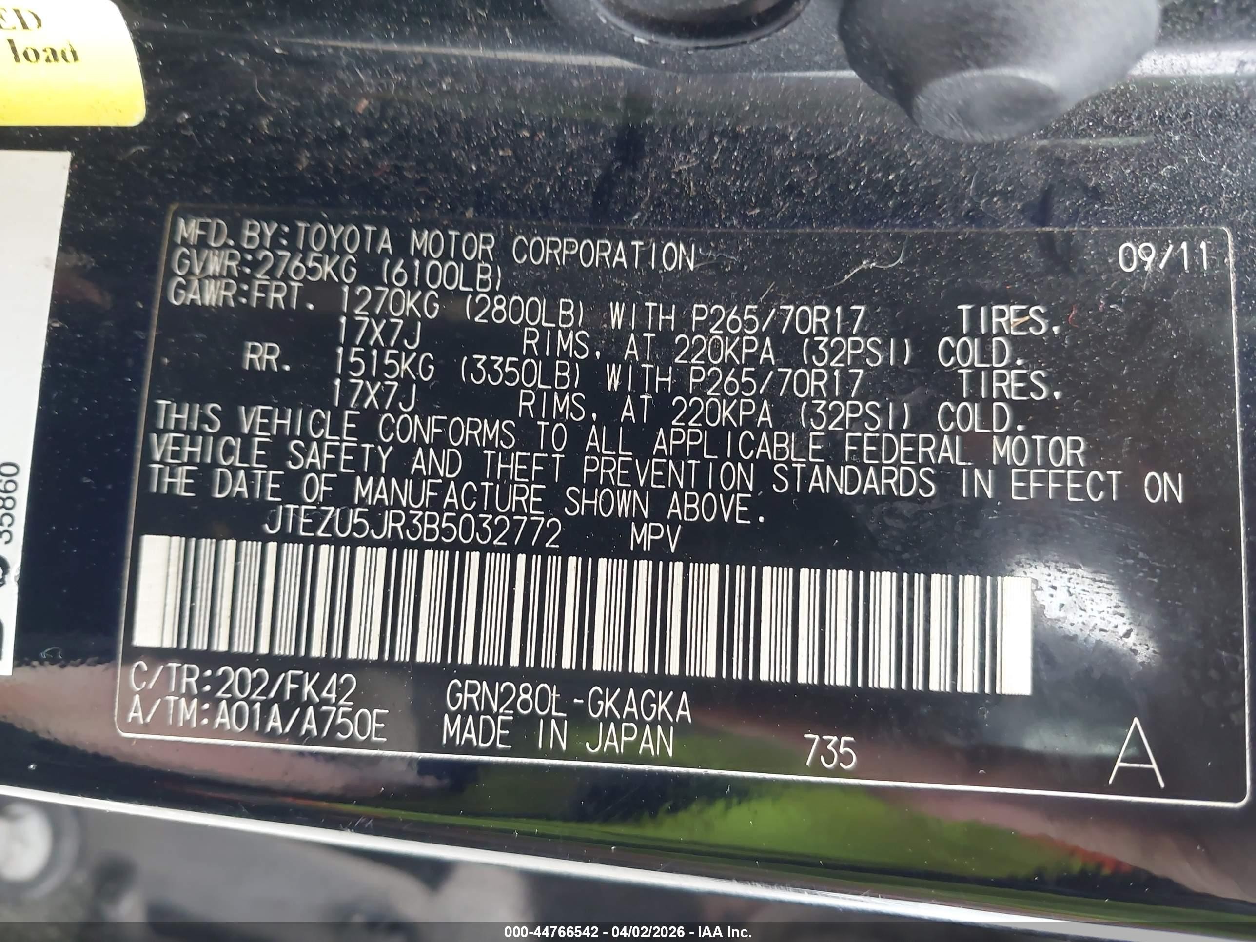 2011 Toyota 4runner Sr5 V6 Black vin: JTEZU5JR3B5032772