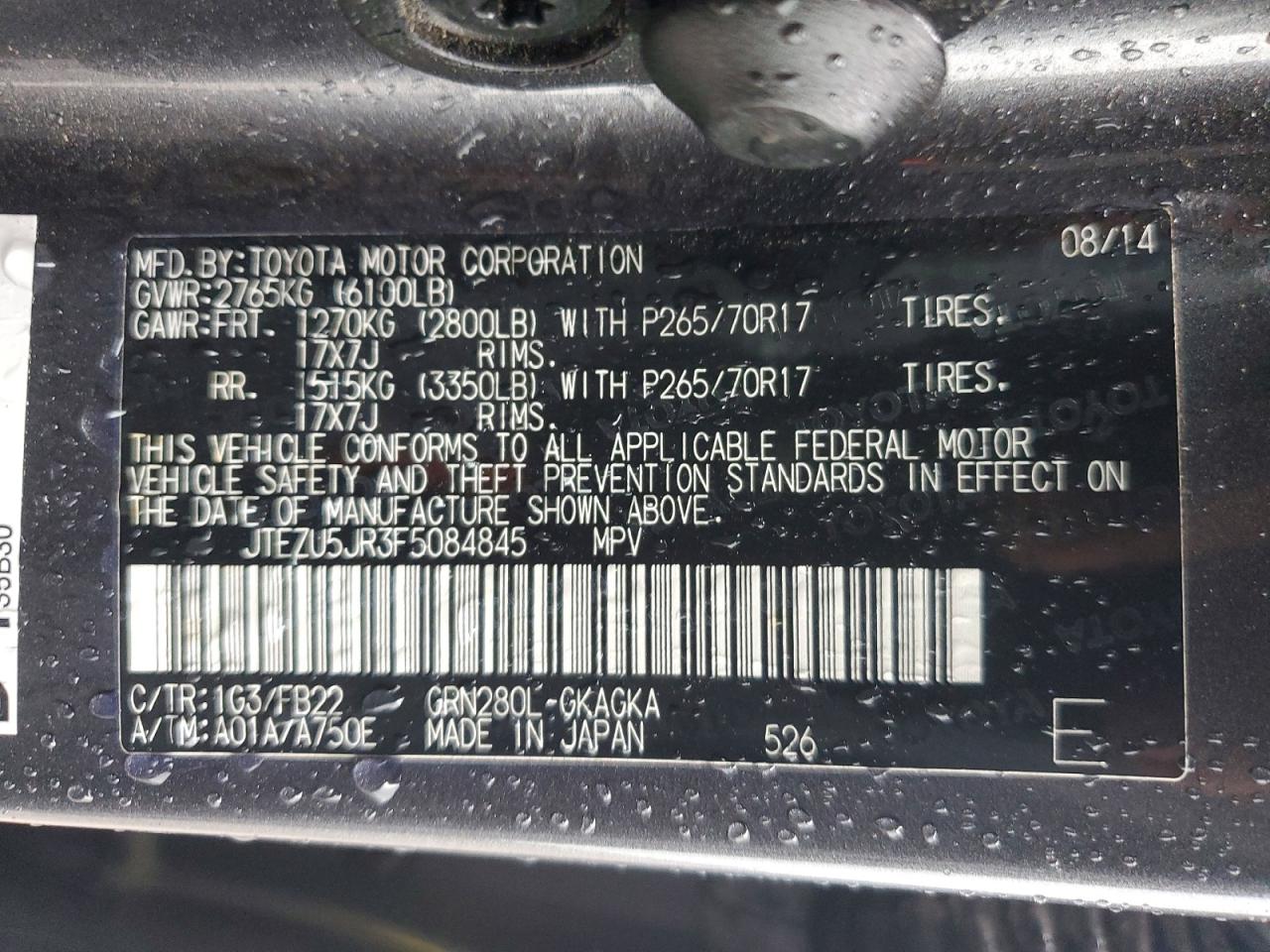 2015 Toyota 4runner Sr5/limited/sr5 Premium Charcoal vin: JTEZU5JR3F5084845