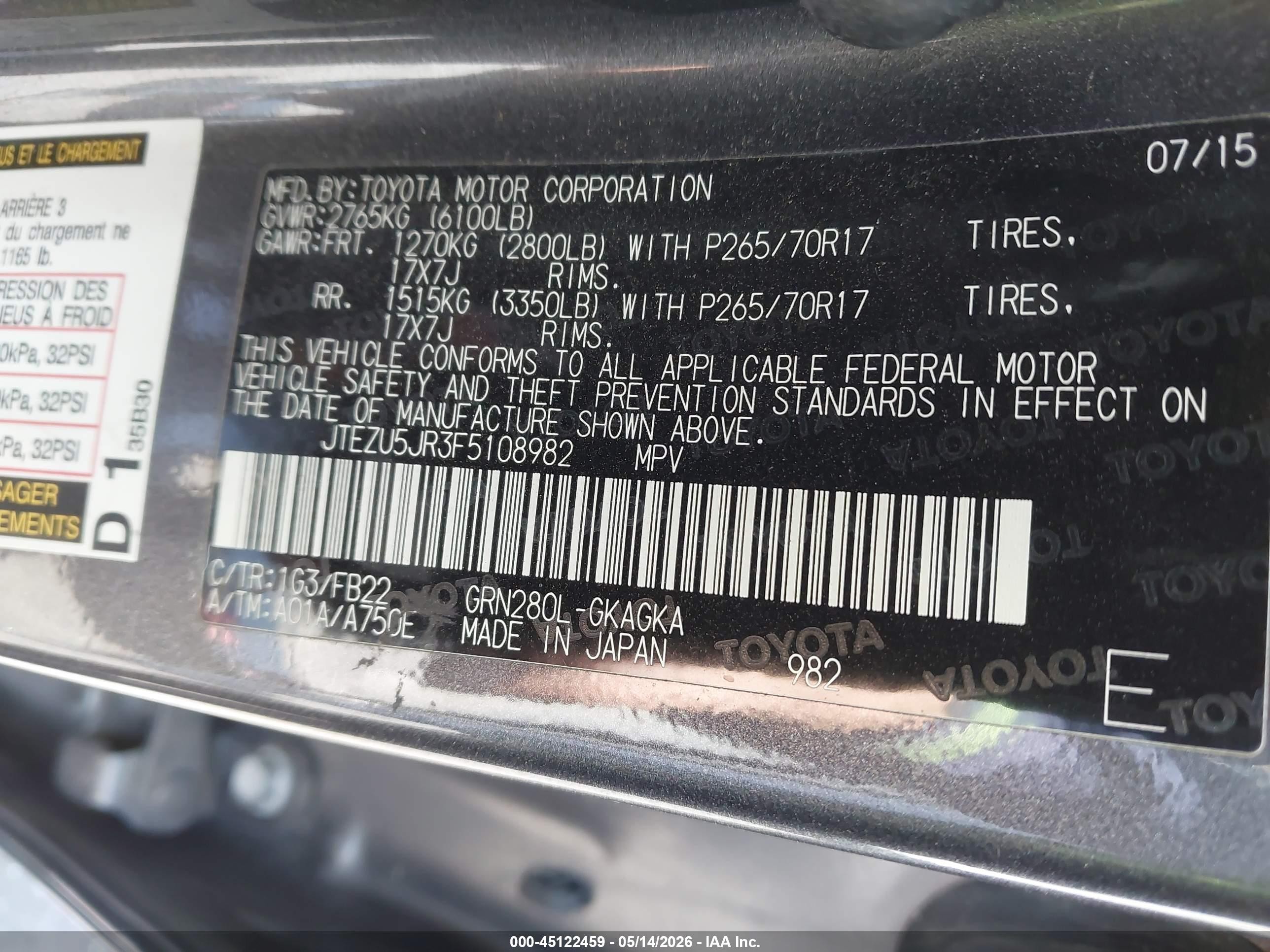2015 Toyota 4runner Sr5 Gray vin: JTEZU5JR3F5108982