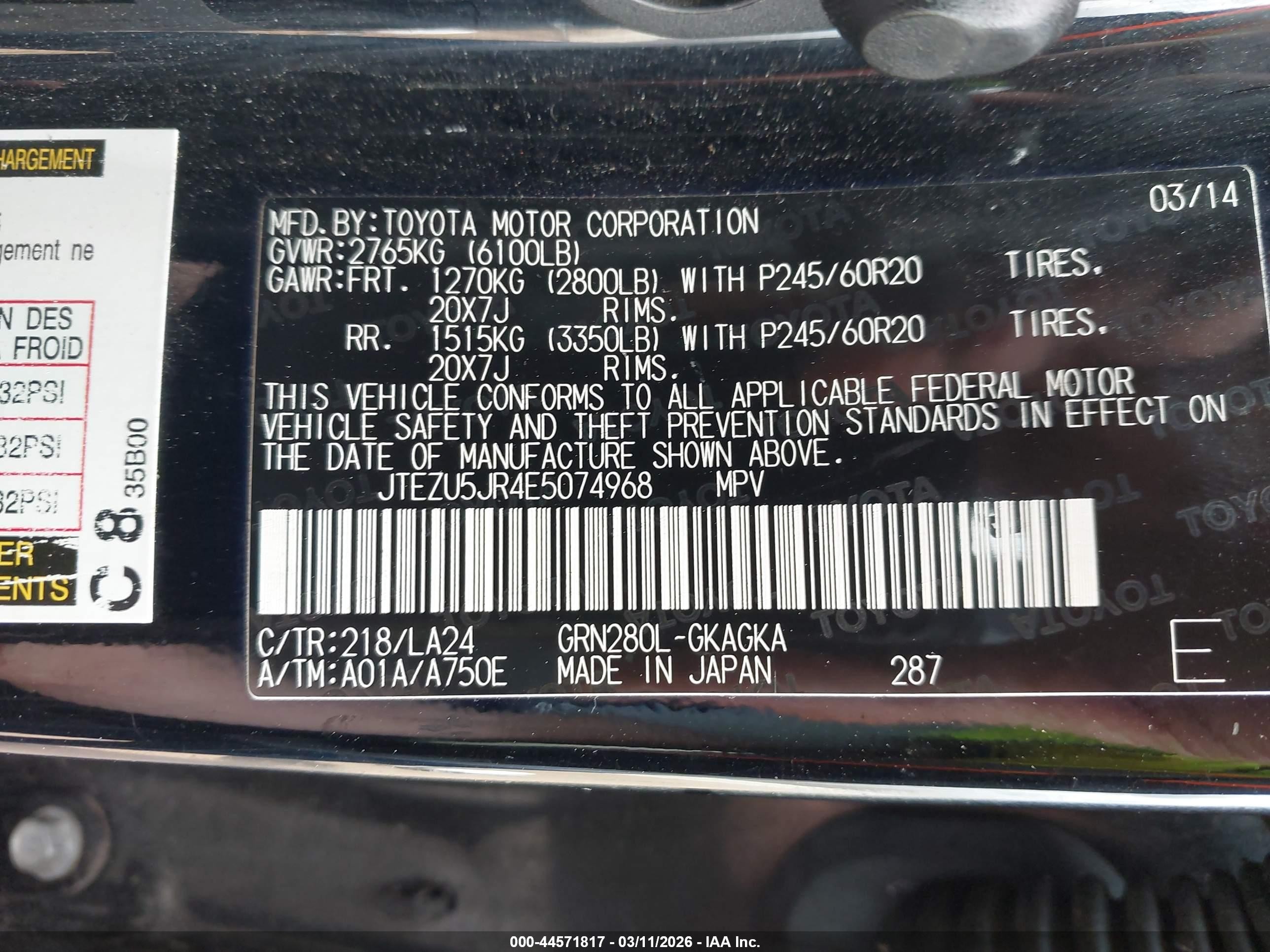 2014 Toyota 4runner Limited Black vin: JTEZU5JR4E5074968