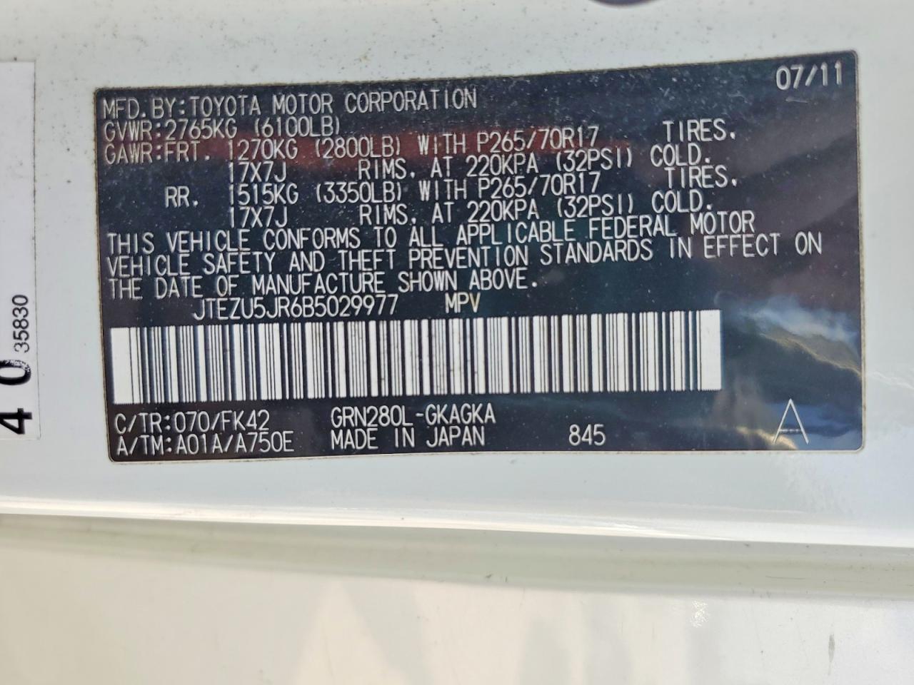 2011 Toyota 4runner Sr5 White vin: JTEZU5JR6B5029977