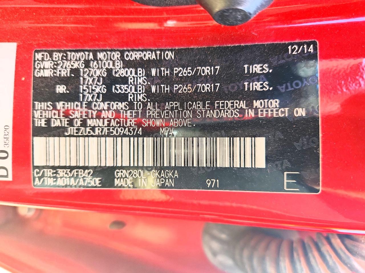 2015 Toyota 4 Runner Red vin: JTEZU5JR7F5094374