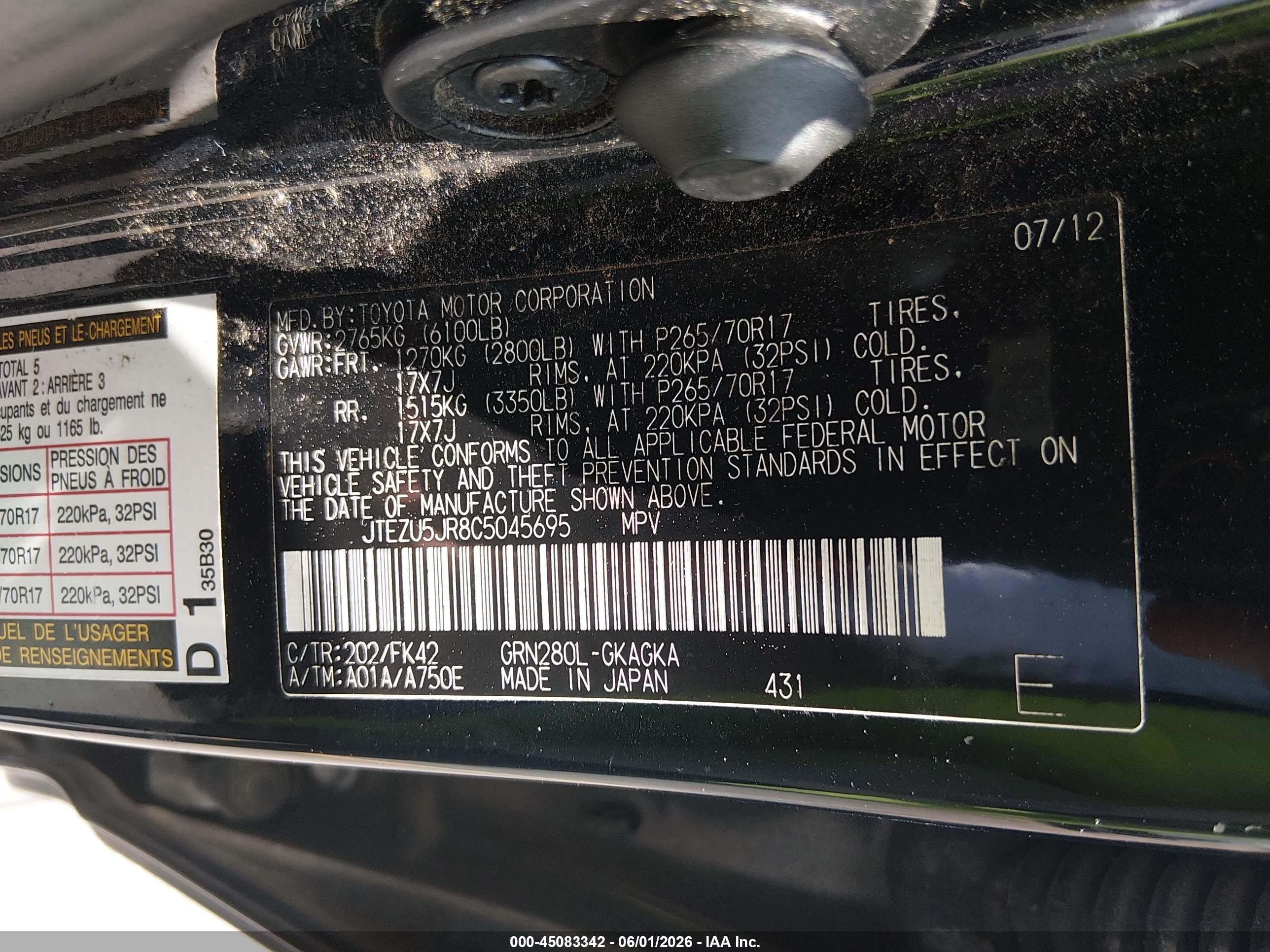 2012 Toyota 4runner Sr5 Black vin: JTEZU5JR8C5045695
