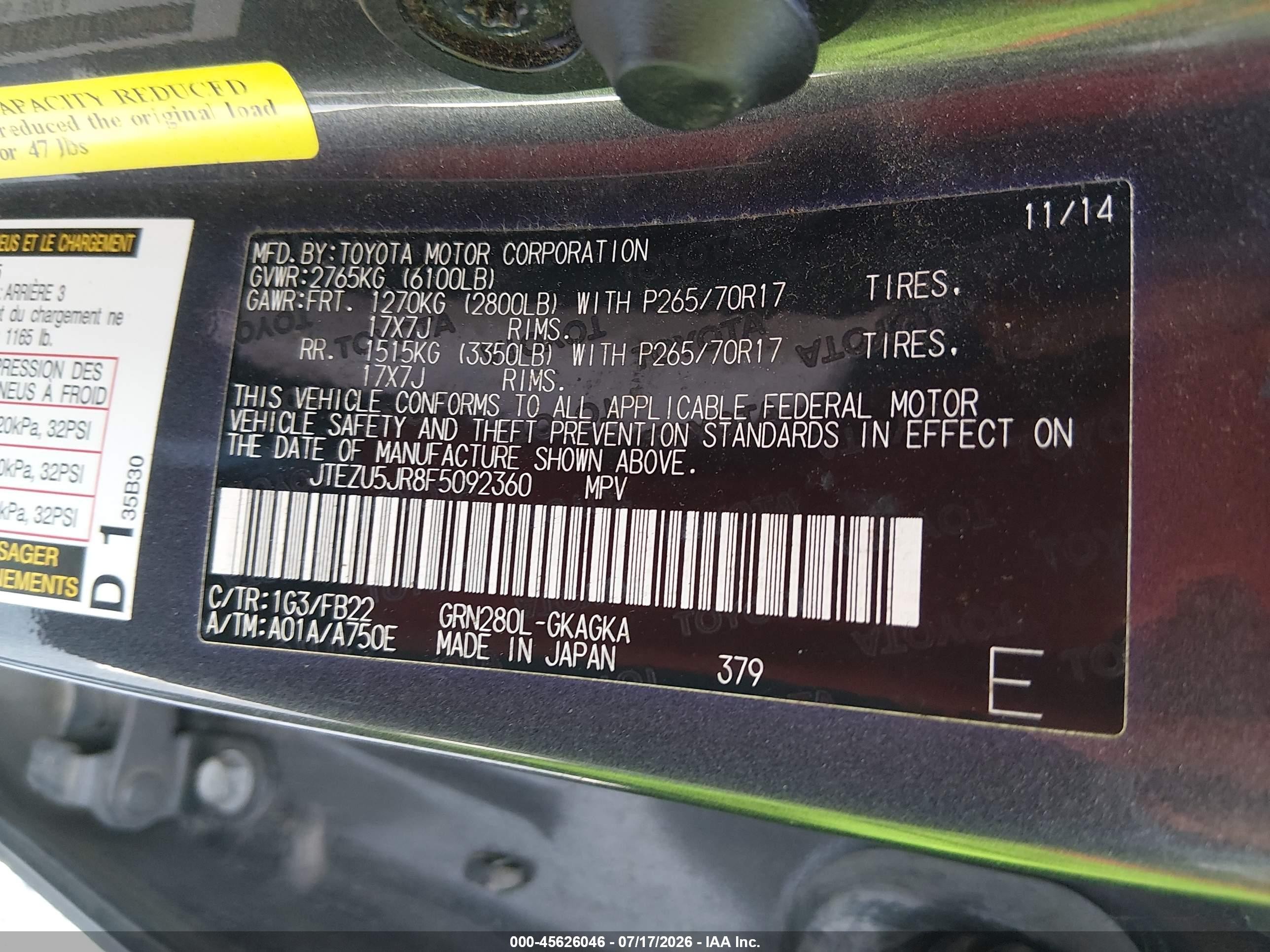 2015 Toyota 4runner Sr5 Gray vin: JTEZU5JR8F5092360