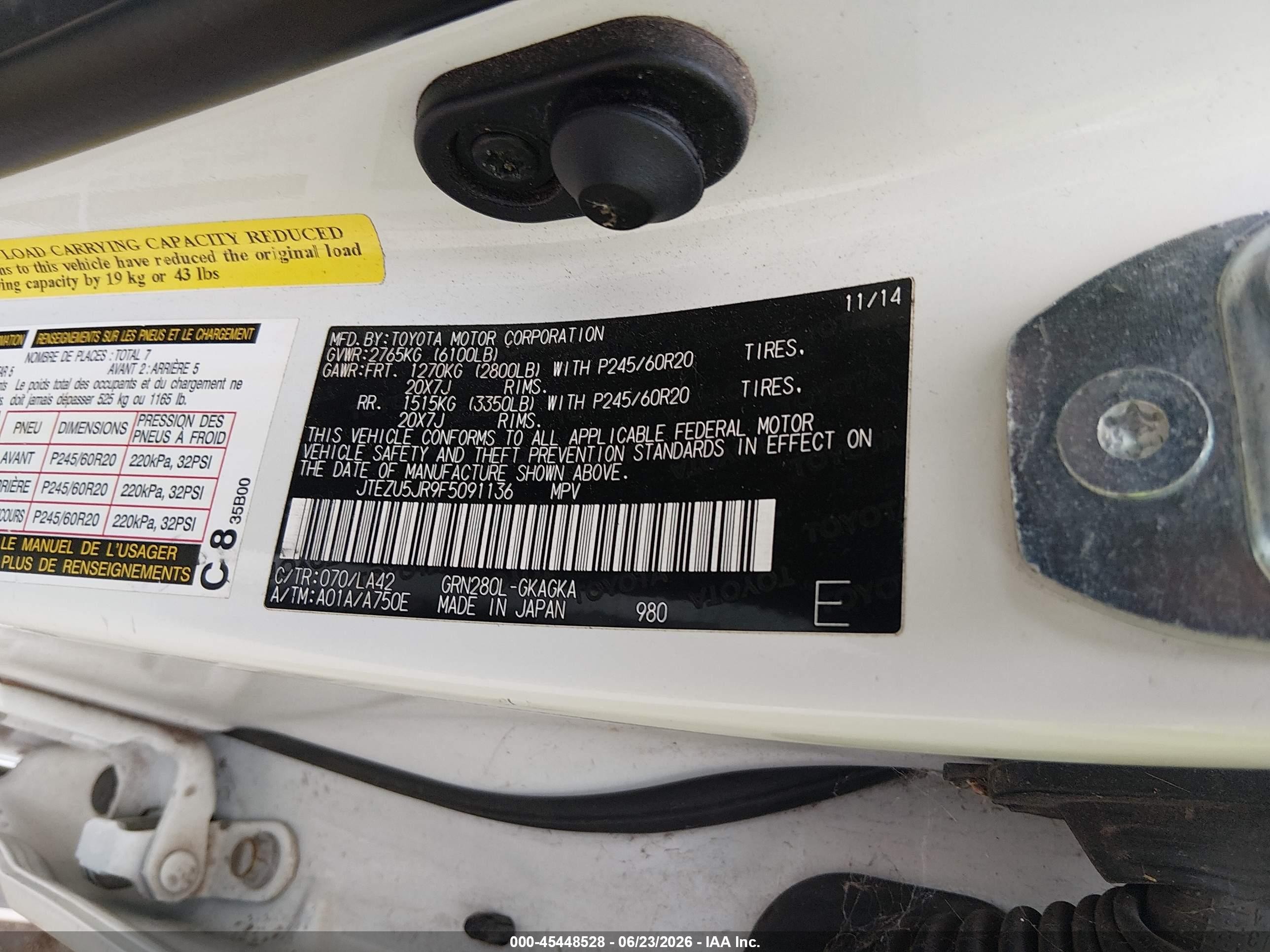 2015 Toyota 4runner Limited White vin: JTEZU5JR9F5091136