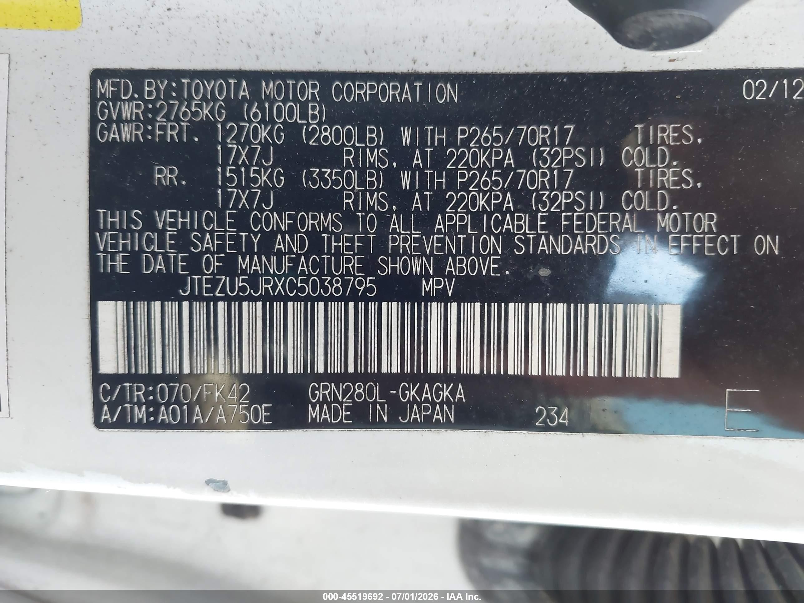 2012 Toyota 4runner Sr5 White vin: JTEZU5JRXC5038795