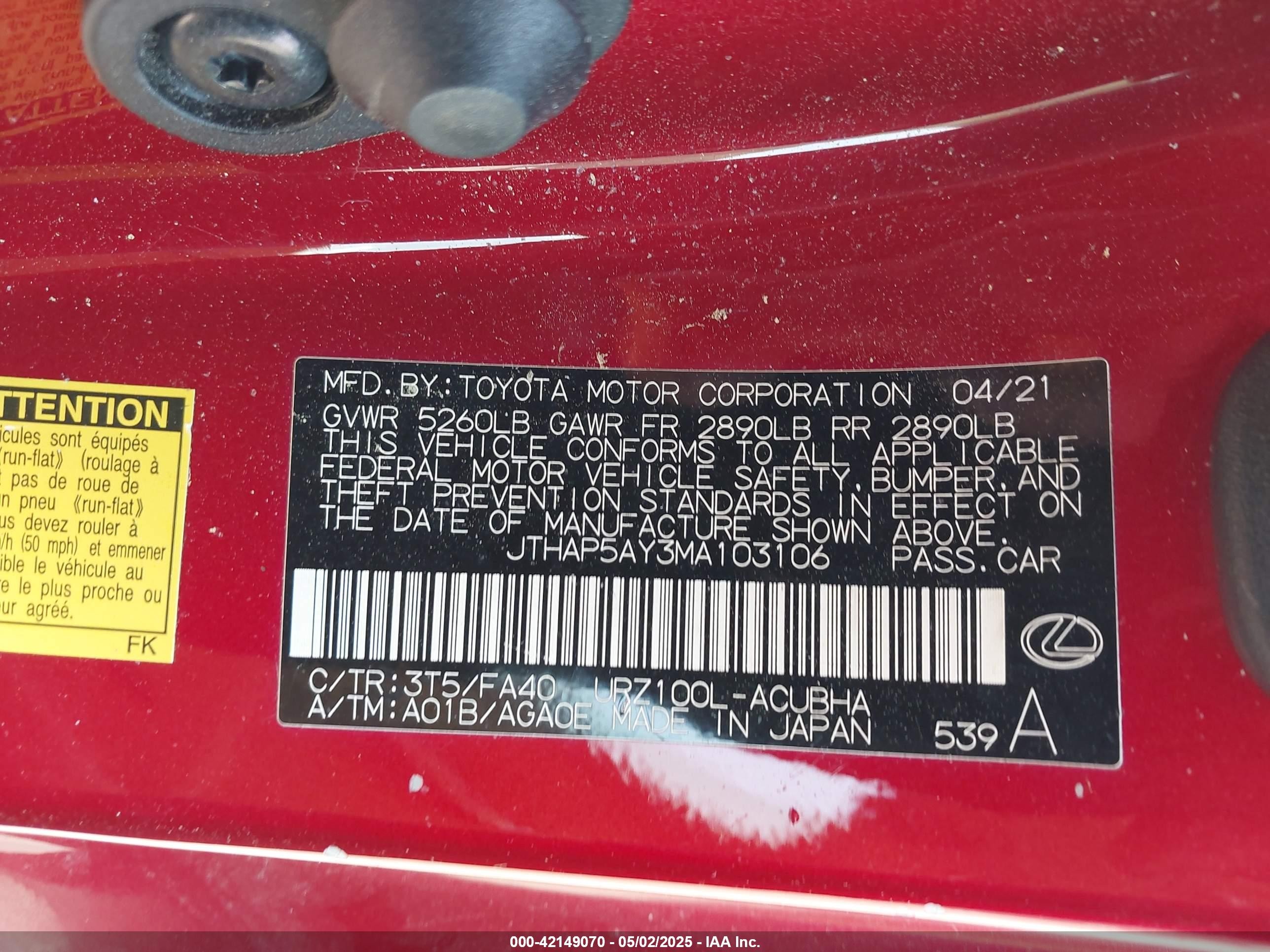 2021 Lexus Lc 500   Red vin: JTHAP5AY3MA103106