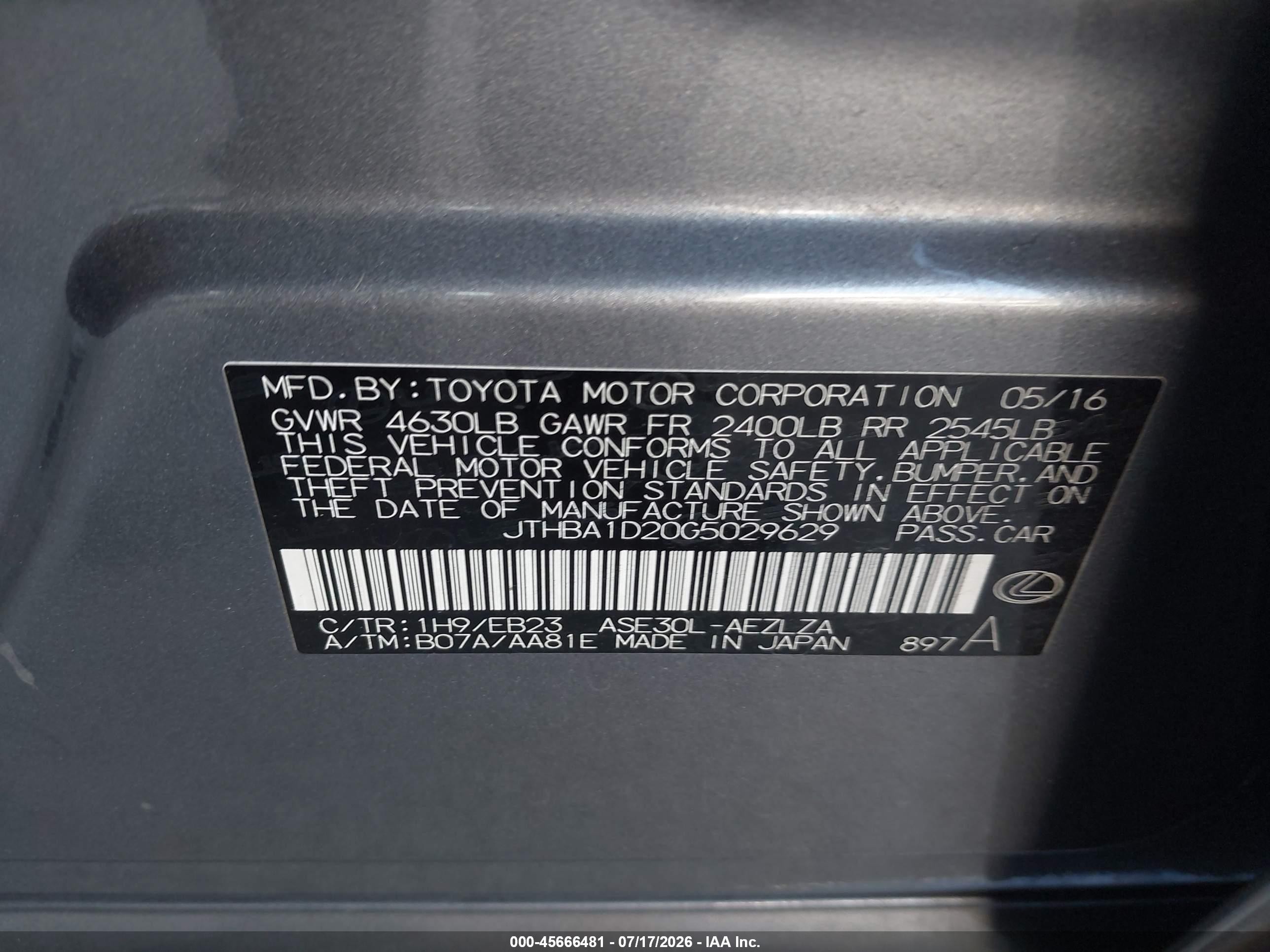2016 Lexus Is 200t   Серый vin: JTHBA1D20G5029629