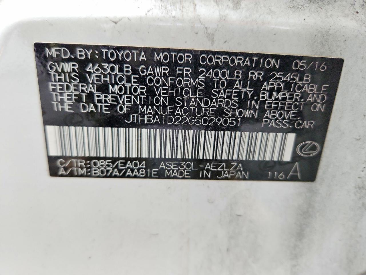 2016 Lexus Is 200t Белый vin: JTHBA1D22G5029051