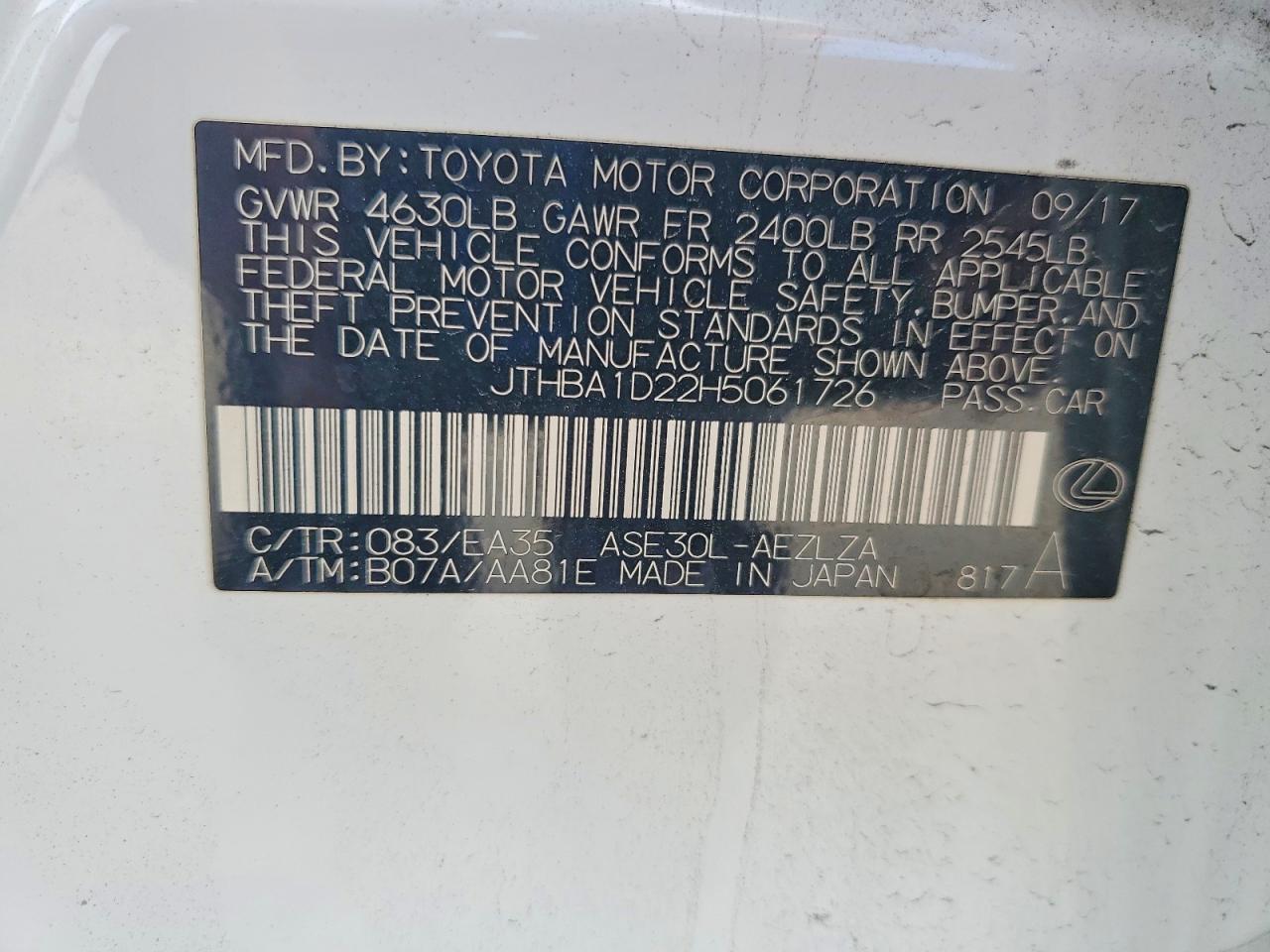2017 Lexus Is 200t White vin: JTHBA1D22H5061726