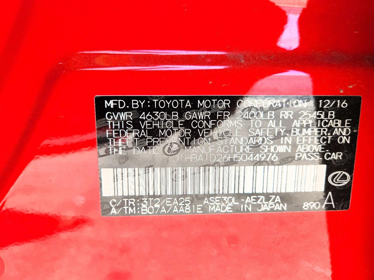2017 Lexus Is Red vin: JTHBA1D26H5044976