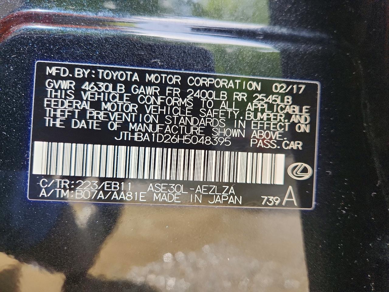 2017 Lexus Is 200t Черный vin: JTHBA1D26H5048395