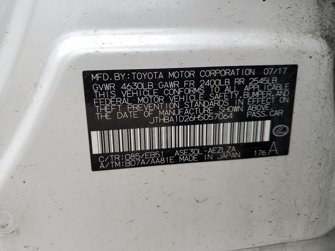 2017 Lexus Is 200t White vin: JTHBA1D26H5057064