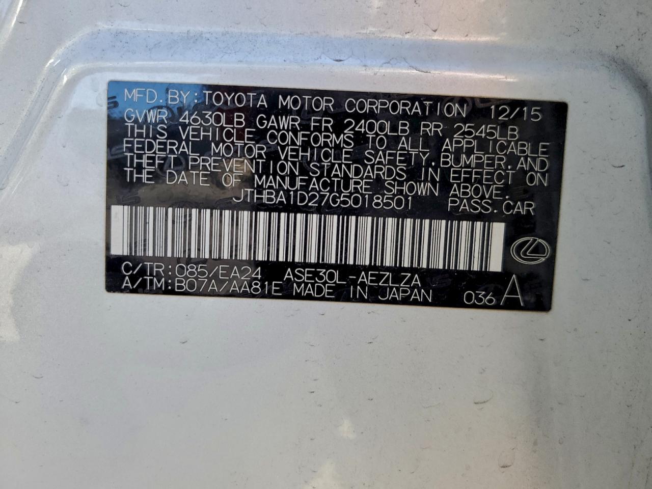 2016 Lexus Is 200t White vin: JTHBA1D27G5018501