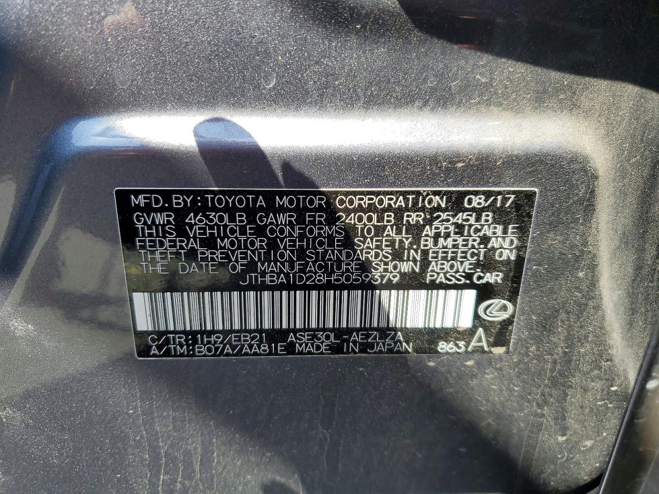 2017 Lexus Is 200t Charcoal vin: JTHBA1D28H5059379