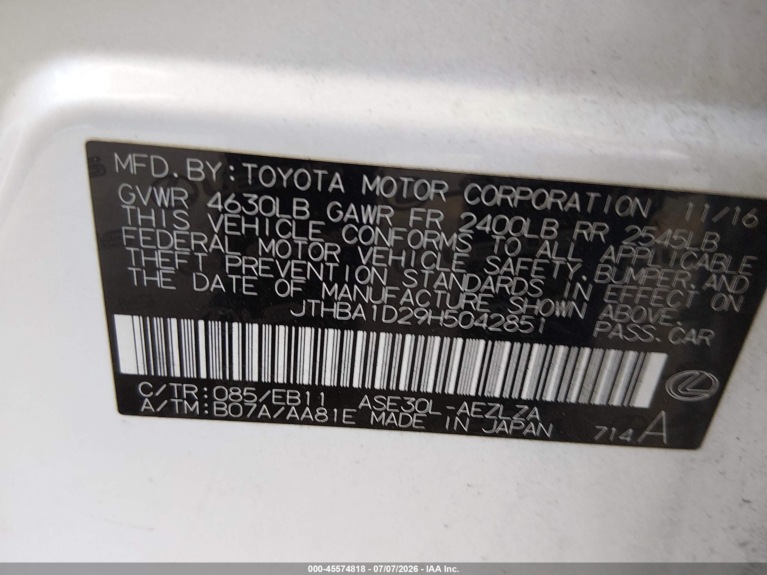 2017 Lexus Is 200t Белый vin: JTHBA1D29H5042851