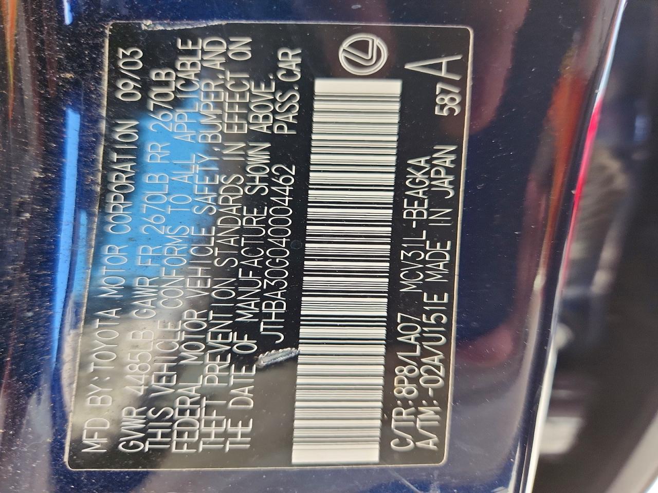 2004 Lexus Es 330 Blue vin: JTHBA30G040004462