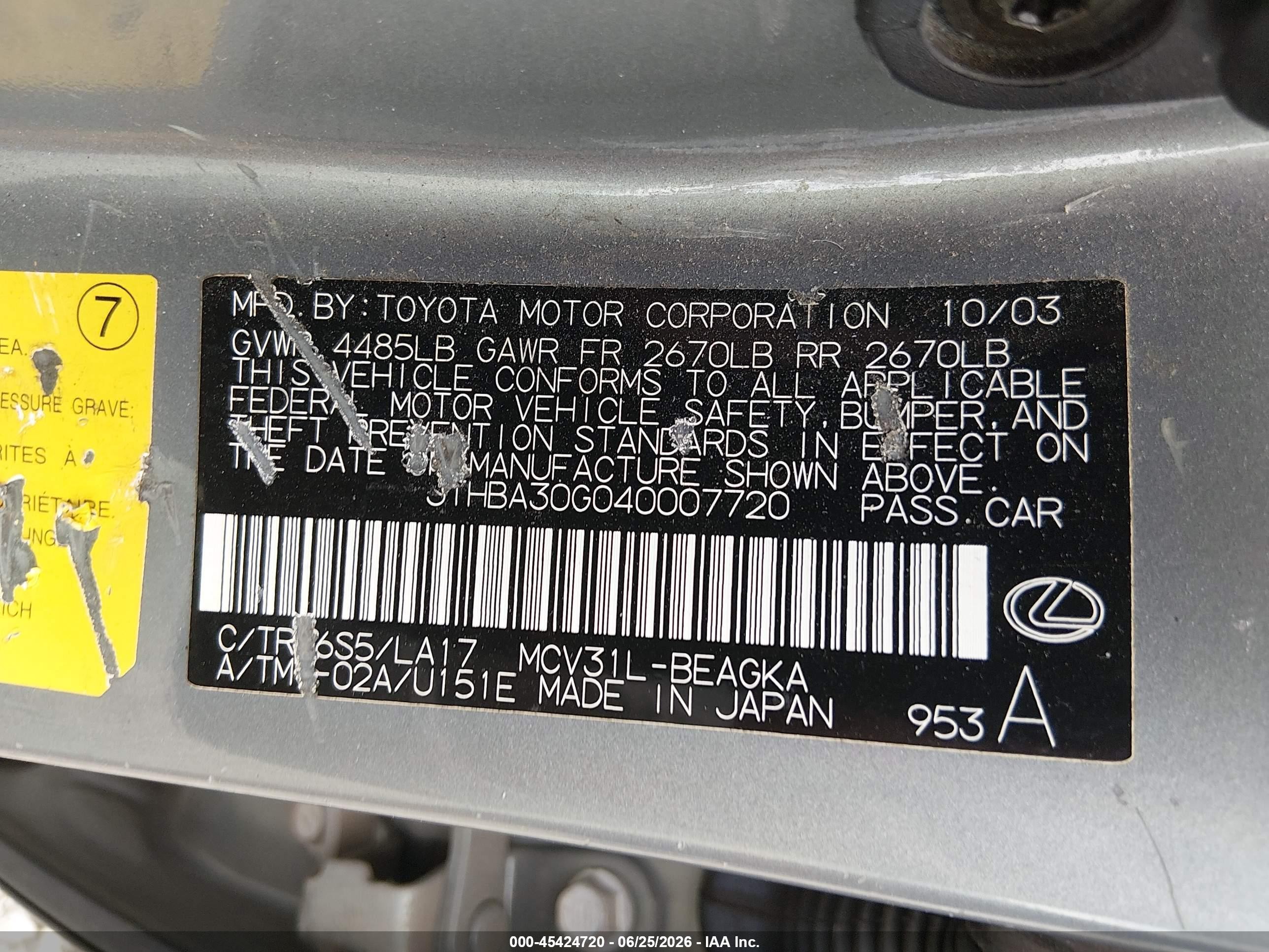 2004 Lexus Es 330 Blue vin: JTHBA30G040007720