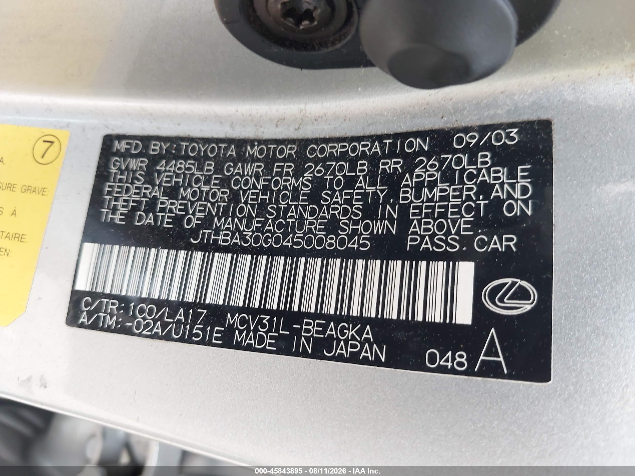2004 Lexus Es 330   Gray vin: JTHBA30G045008045